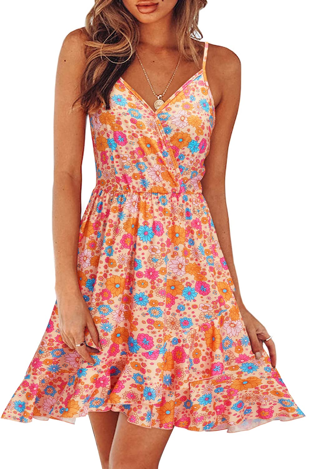 ULTRANICE Womens Summer Dresses Floral V Neck Ruffled Hem Spaghetti Spring Casual Beach Outfits Flowy Wrap Sun Dress