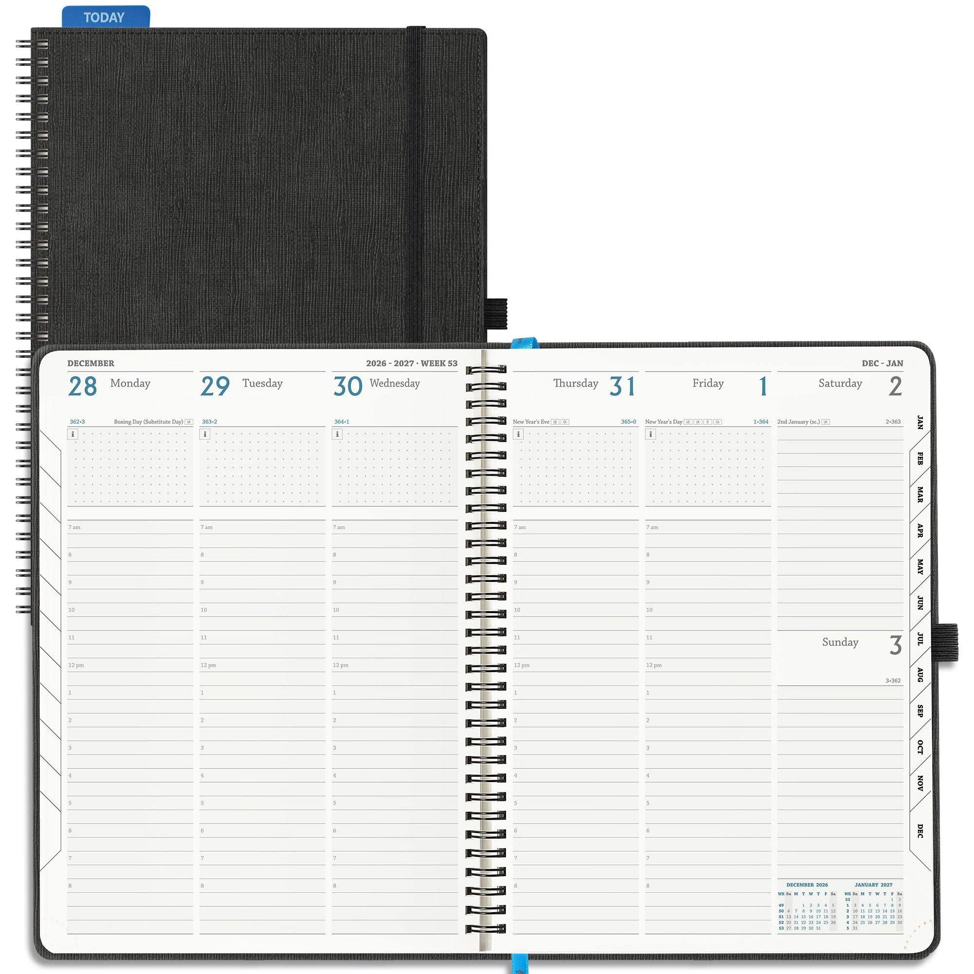 IN-LUXPRO Academic Diary 2026-2027 Week to View A4 Large(29x21.5 cm) Spiral 18 Months (Jul'26 - Dec'27) Mid Year Diary 26/27 Vertical Weekly Planner with Timeslots& Month Tabs, PU Leather Black