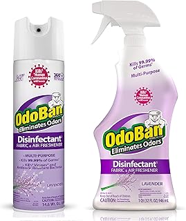 OdoBan Ready-to-Use Disinfectant and Harsh Aroma Eliminator, Cleaner and Fabric/Air Freshener, Set of 2, 14.6 Ounce 360-Degree Continuous Spray and 32 Ounce Trigger Spray, Lavender Scent
