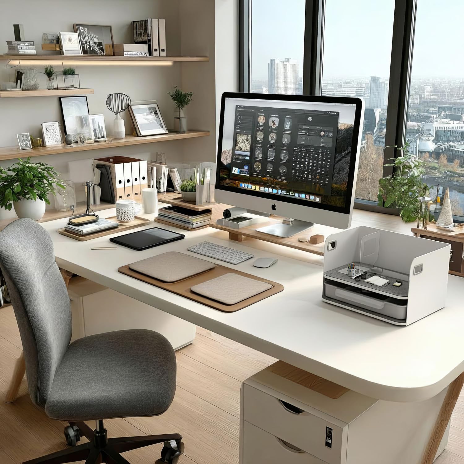 ER-440 Schreibtisch-Organizer mit Schublade und Buchstütze Organizer für Büroutensilien Büro-Organizer Büroablage bis 10kg Weiß