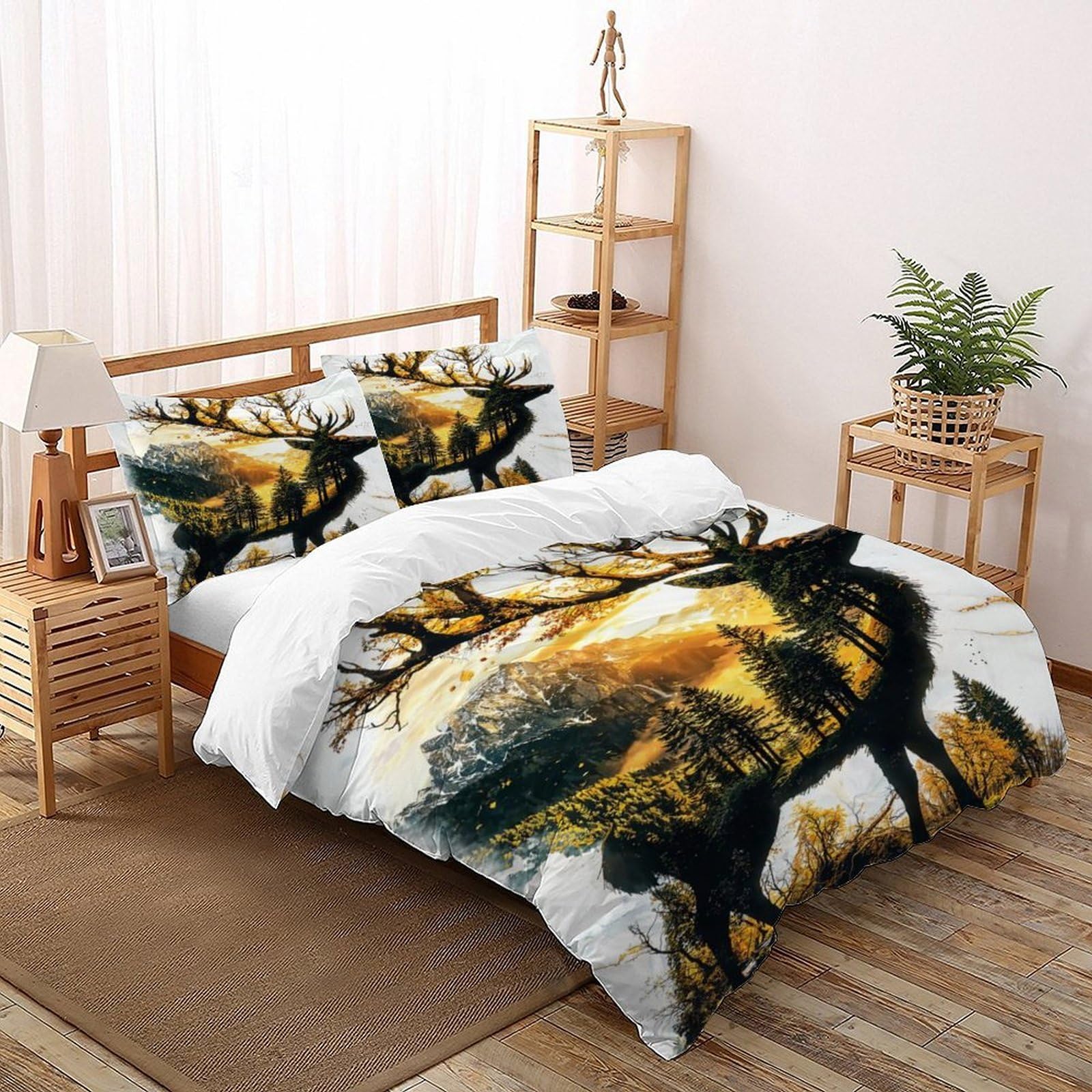 Deer Bedding Set 3D Digital Printing Animal Theme Duvet Cover Set for Boys & Girls Chic Breathable Quilt Cover with Pillowcase Super King（260x220cm）
