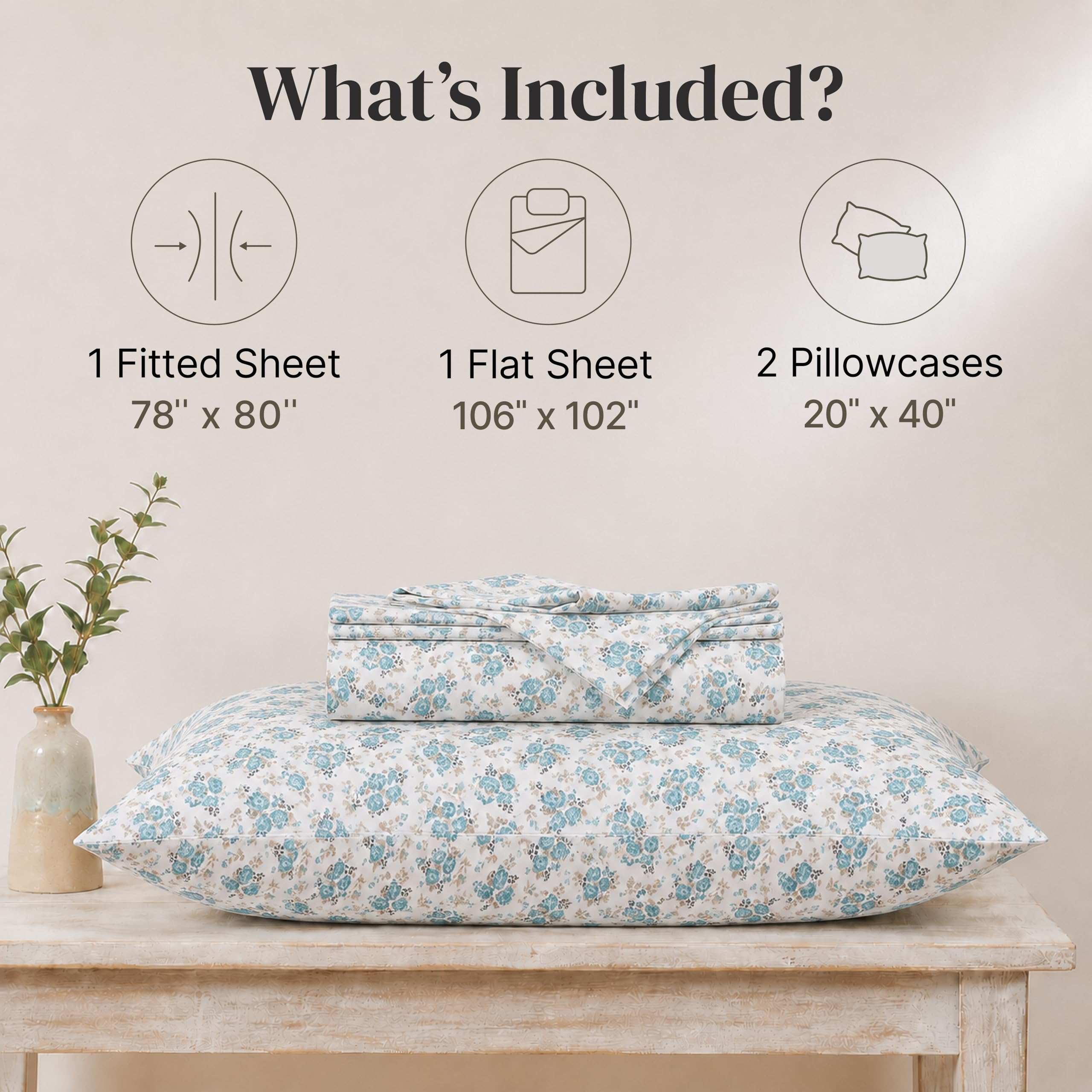 Modern Threads Lenzuola in morbida microfibra stampata – Lussuosa biancheria da letto in microfibra – Include lenzuolo piatto, lenzuolo con angoli con tasche profonde e federe Forever Roses King