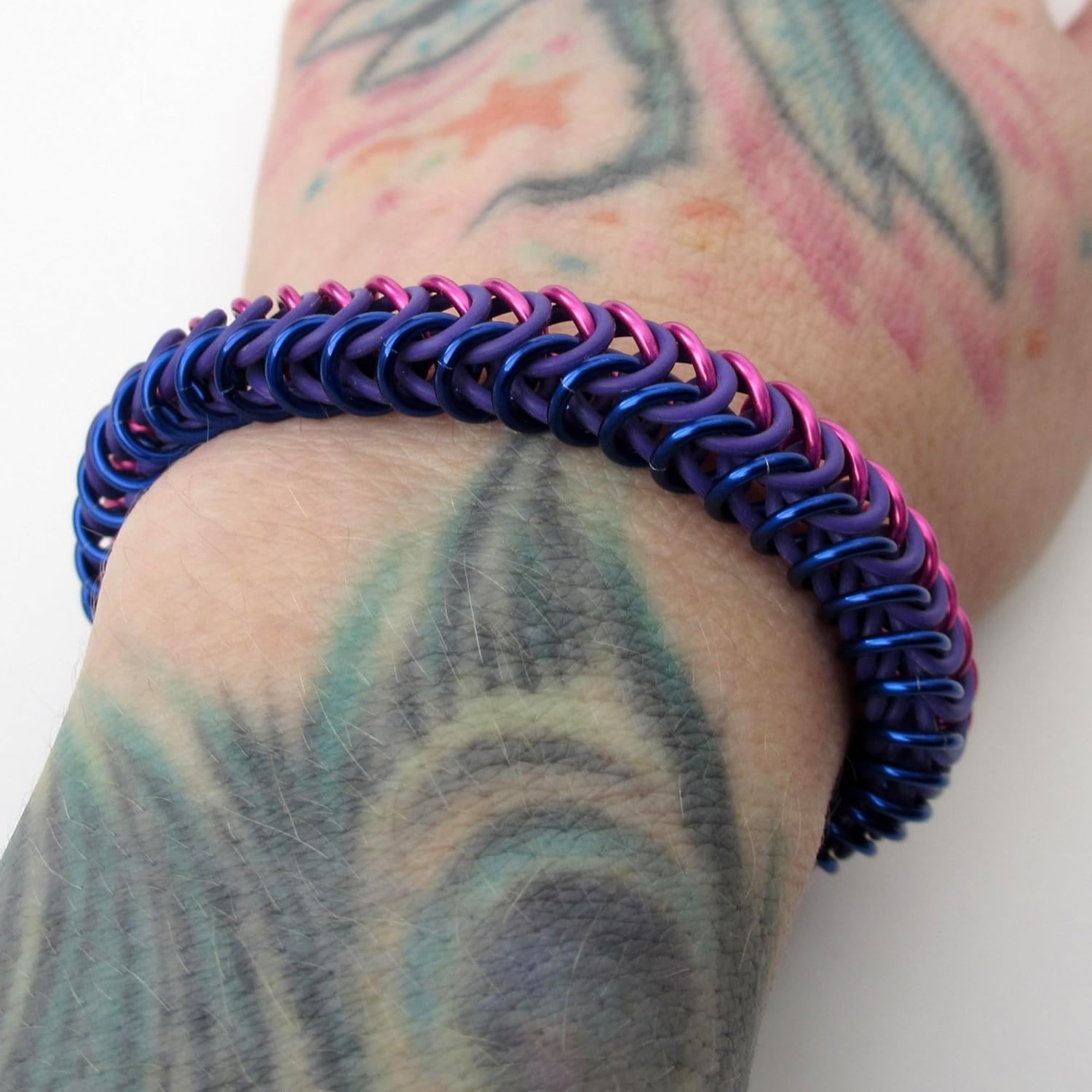 Handmade bi pride chainmaille bracelet, stretchy box chain jewelry