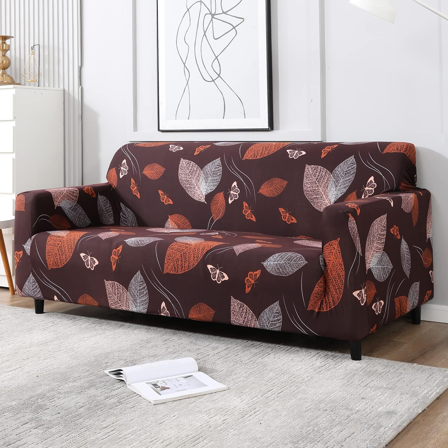 Furshine® Sofa Cover 3 Seater Fully Covered Universal 3 Seater Sofa Cover Non-Slip Sticky Elastic Stretchable Sofa Set Slipcover Protector for (Three Seater) Triple Seater Sofa Cover, Brown Leaf