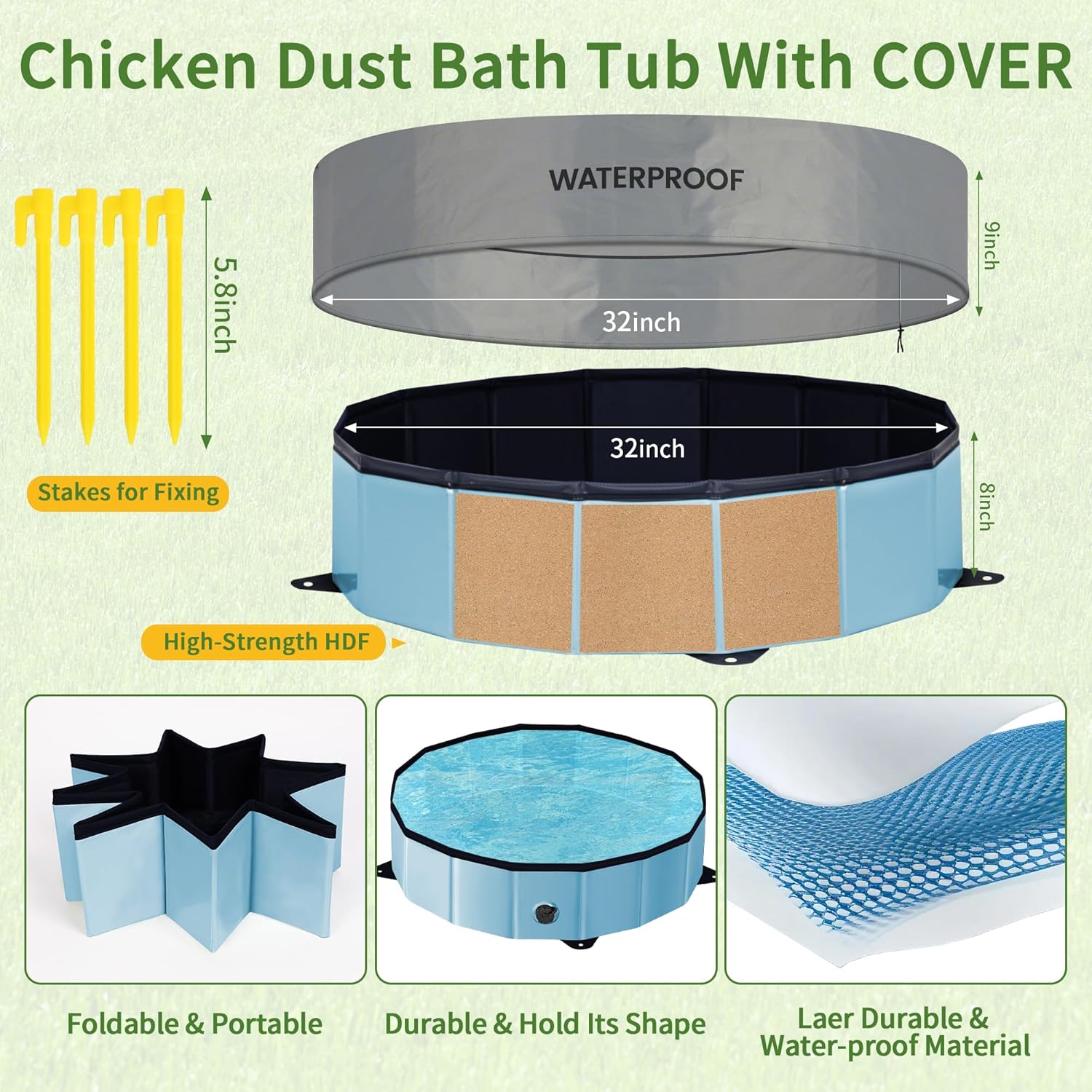 Chicken Dust Bath Tub - 32"D & 8"H Foldable Chicken Coop Accessories to Mix Sand Chilli DE Or Lime Dust in Chicken House, Keep Poultry Hens, Rooster, Button Quail Healthy & Clean, Double as Duck Pool