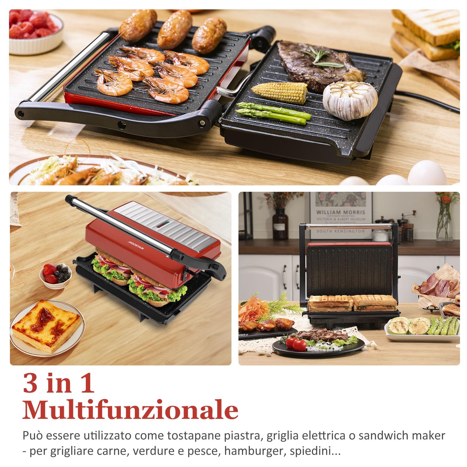 Aigostar Tostapane Piastra/Griglia Elettrica e Sandwich Maker 3 in 1, Con Piastra Antiaderente, 23 x 14,5 cm, Apertura a 180º, Temperatura Automatica, Piastra Elettrica per Cucinare 1000W, Warme