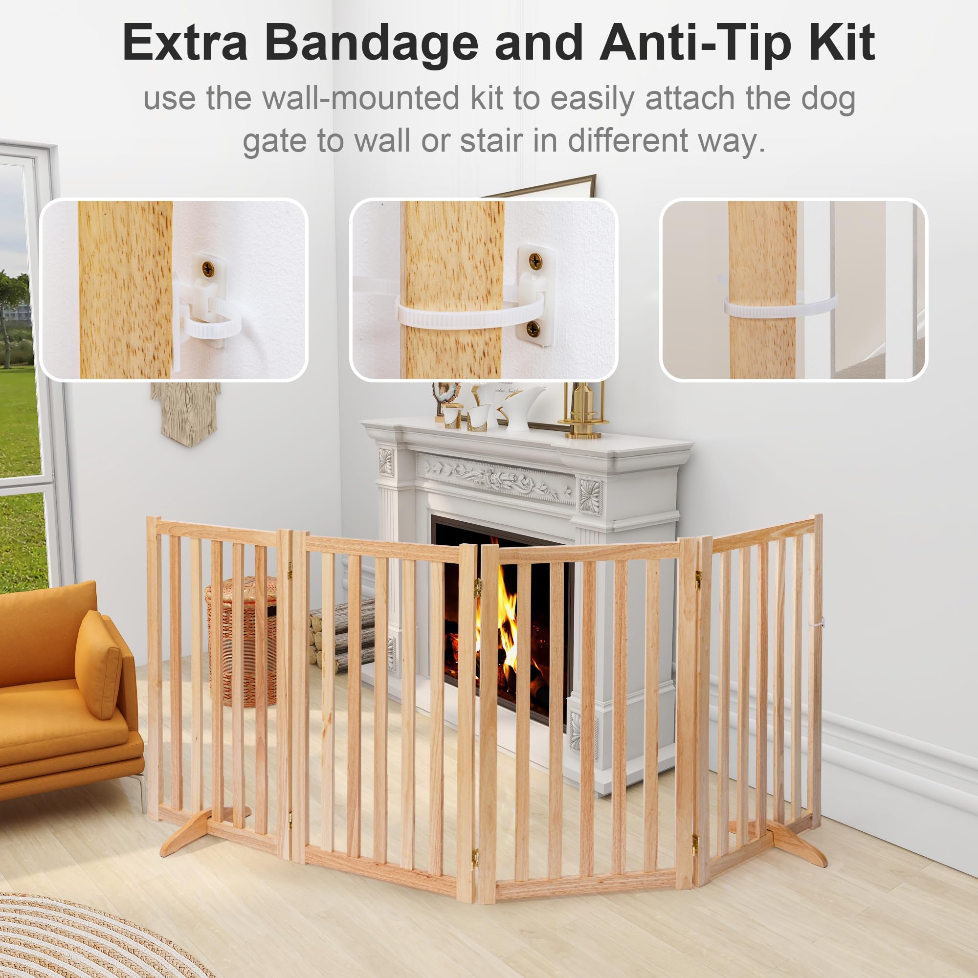 36" Height Extra Tall Freestanding Pet Gate, Solid Wood Folding Safety Fence Wooden Dog Gate with 2PCS Support Feet Ideal for Stairs, Doorways, Halls, Kitchens, Heavy Duty Gates, 4 Panels, Oak