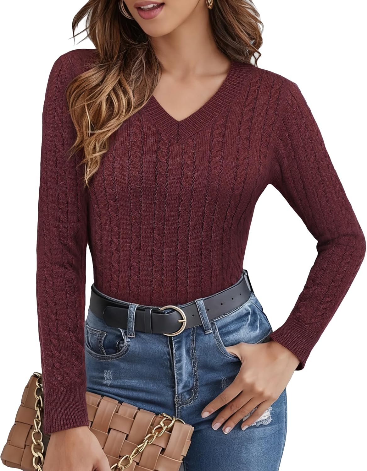 Cable Knit Sweater Women V Neck Tops for Women Long Sleeve Pullover Clothes Casual Trendy Outfits - Image 4