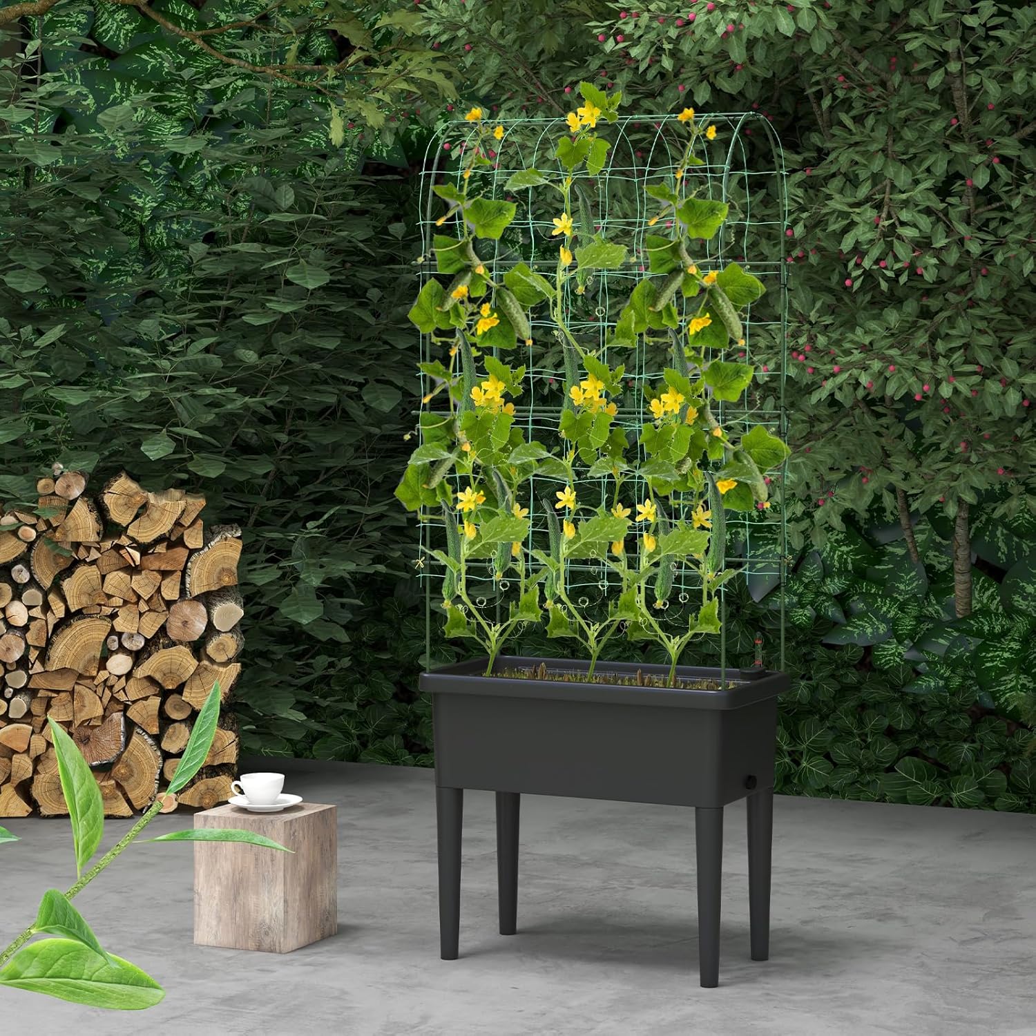 Black and Green Raised Garden Bed with Trellis and Self-Watering Planter