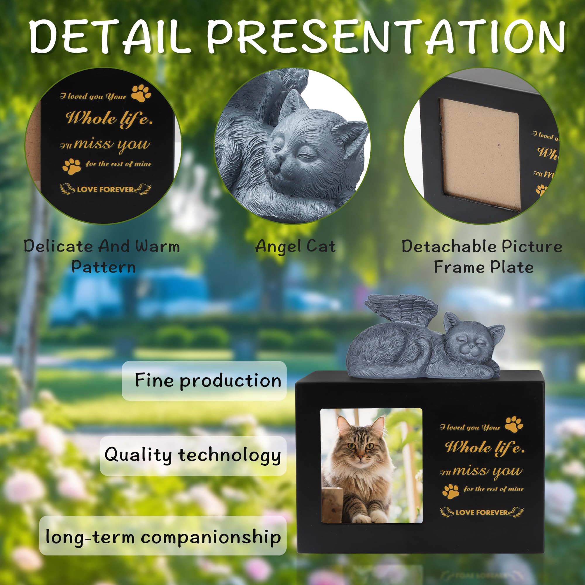 Pet Urns for Cat, Pet Memory Box, Black Wooden Cat Urns for Ashes, w zestawie z figurką kota z żywicy i aksamitną torbą do przechowywania prochów