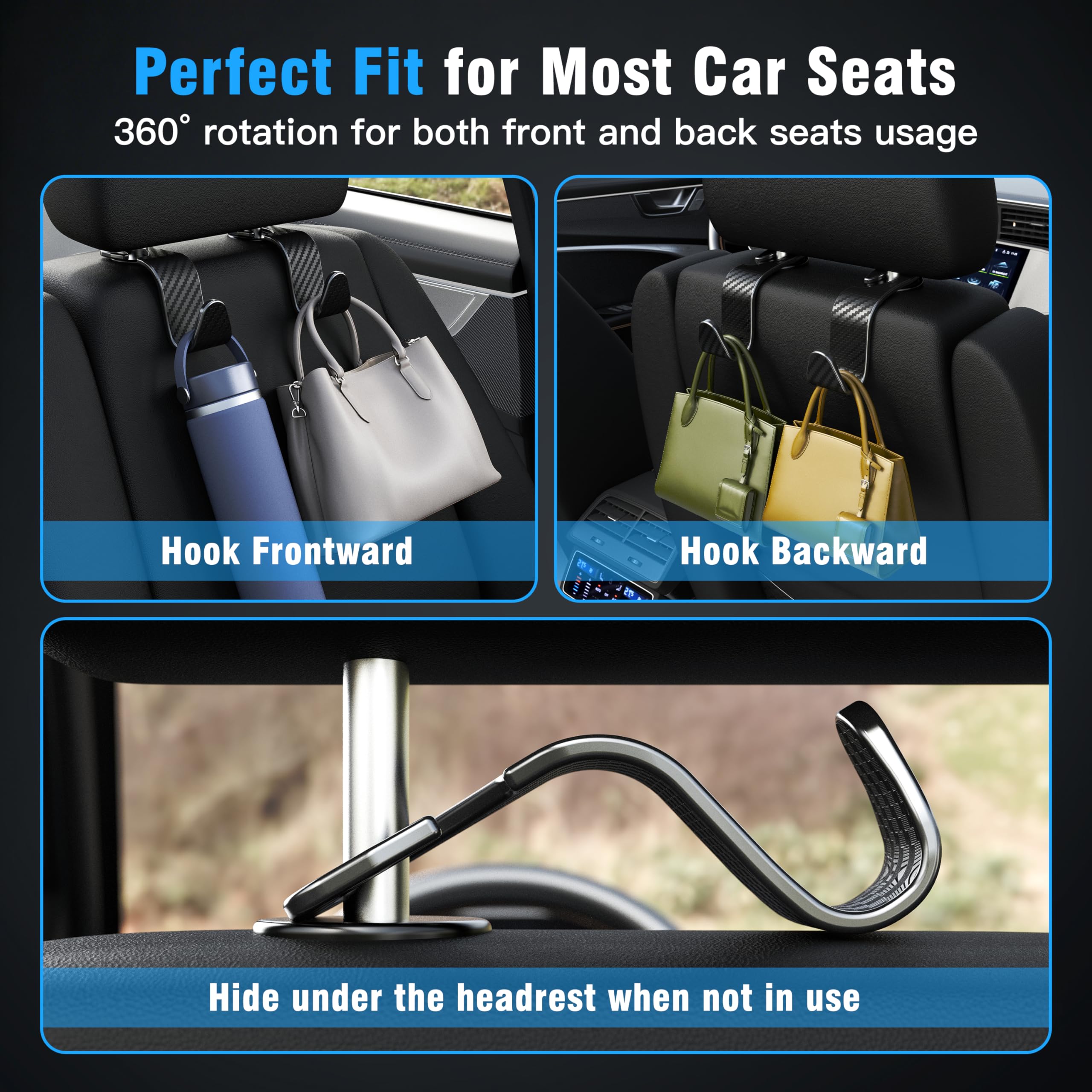 4-Pack Car Headrest Hooks Holds 55lbs Seat Storage Organizer for Bags view 3