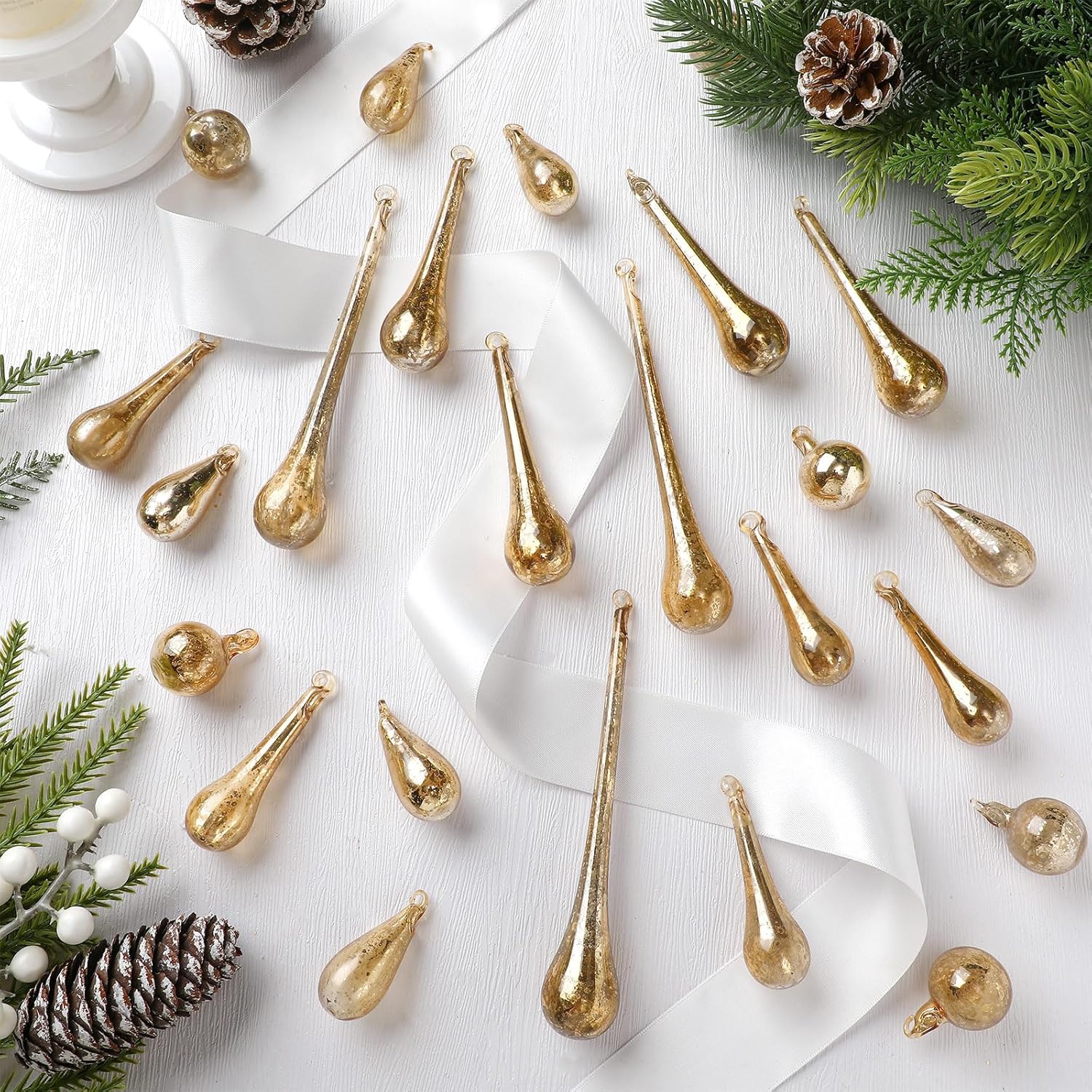 24 Pcs Mercury Glass Teardrop Ornaments for Christmas Tree Raindrop Christmas Ornaments Clear Hanging Decoration Vintage Crystal Chandeliers Winter Party Decor (Champagne Gold)