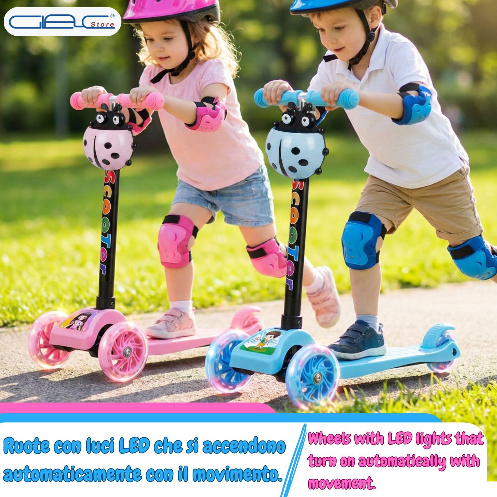 Monopattino per Bambini 3+, 3 Ruote con Luci LED, Manubrio Regolabile 52-72 cm, Design Coccinella, Rosa o Azzurro