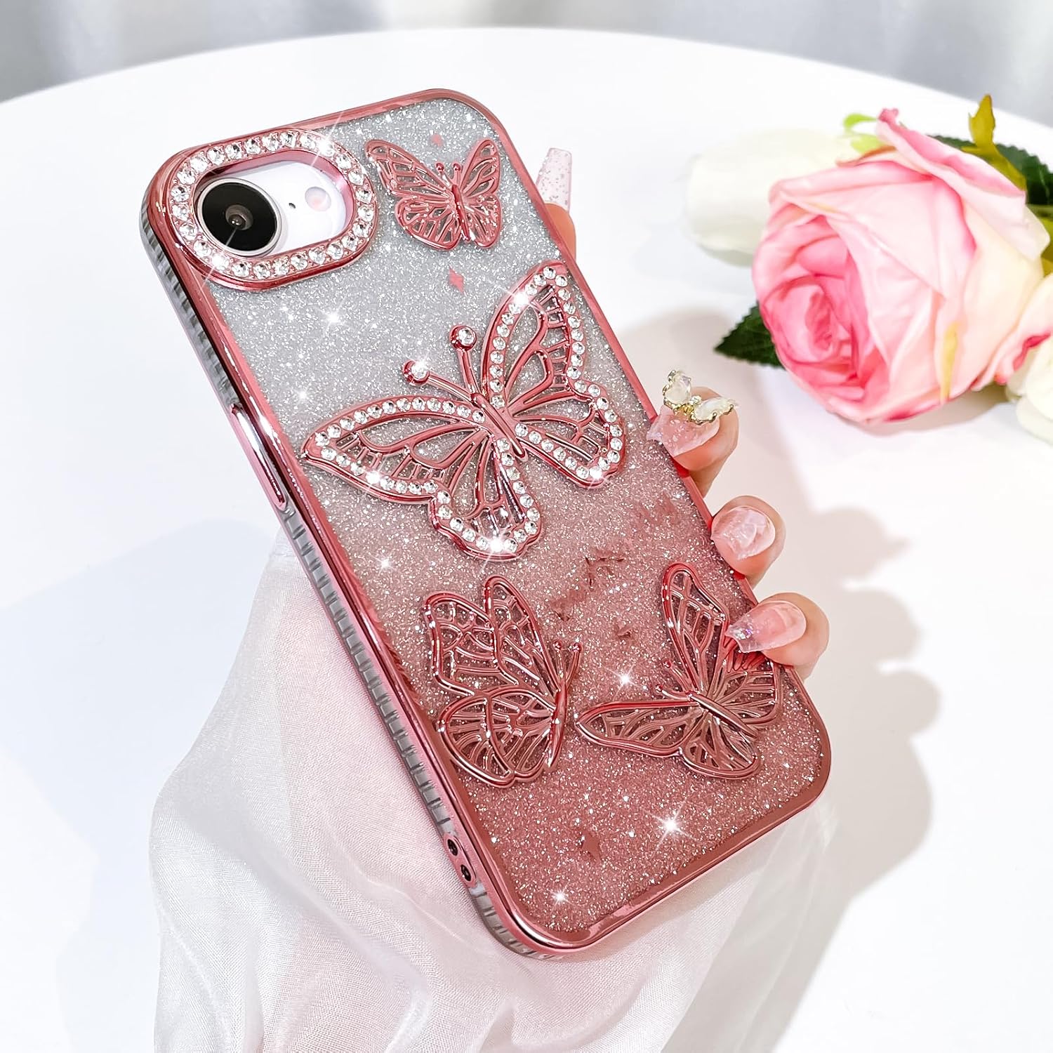 Bonoma Glitter Case for iPhone 16e, Cute 3D Butterfly Pattern Plating Bling Case,Camera Protection Sparkly Slim Soft Back Cover for Women Girls,Pink - Image 3