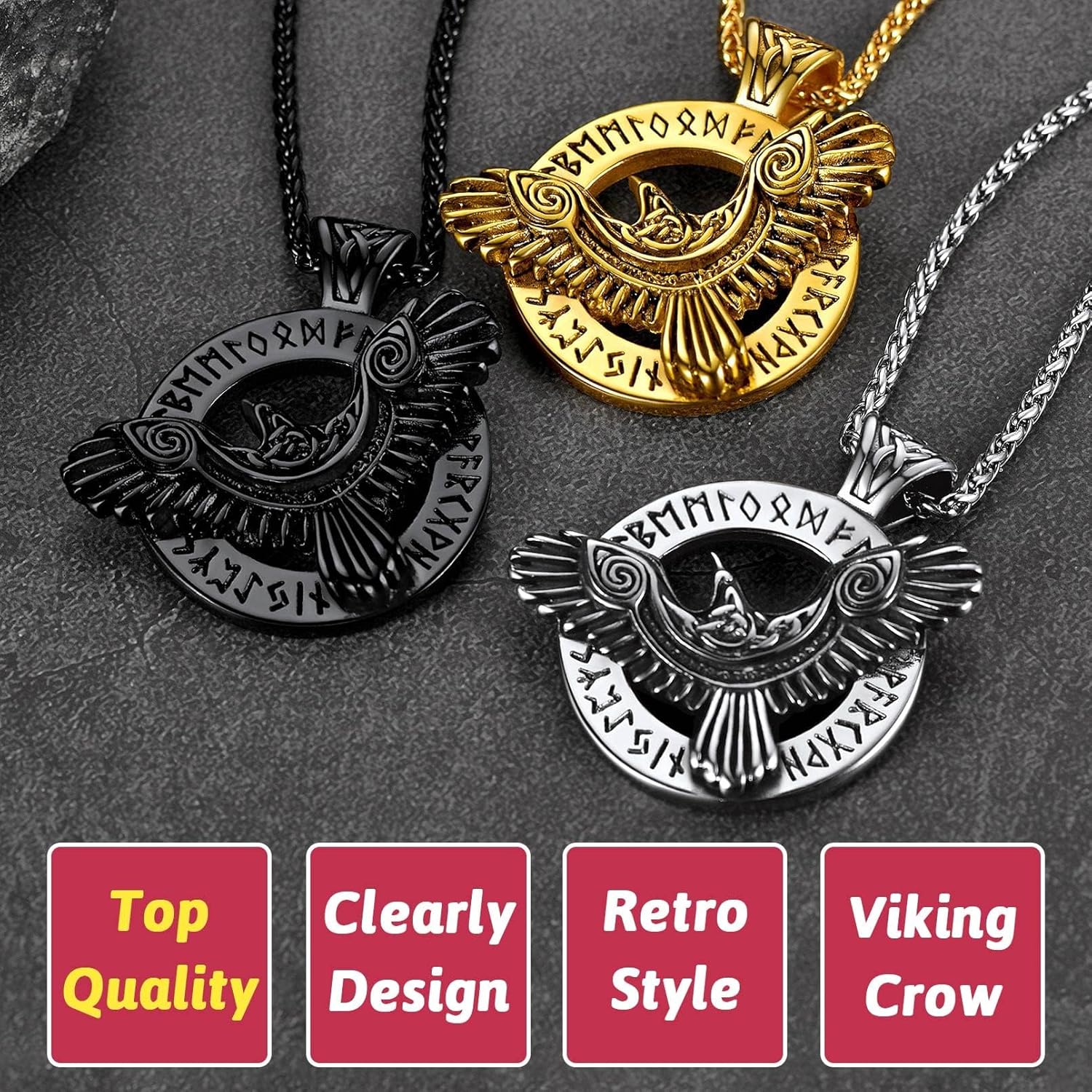 FaithHeart Viking Raven Necklace for Men, Norse Mythology Raven Skull Pendant Sturdy Stainless Steel Amulet Jewelry Gift for Men - Image 3
