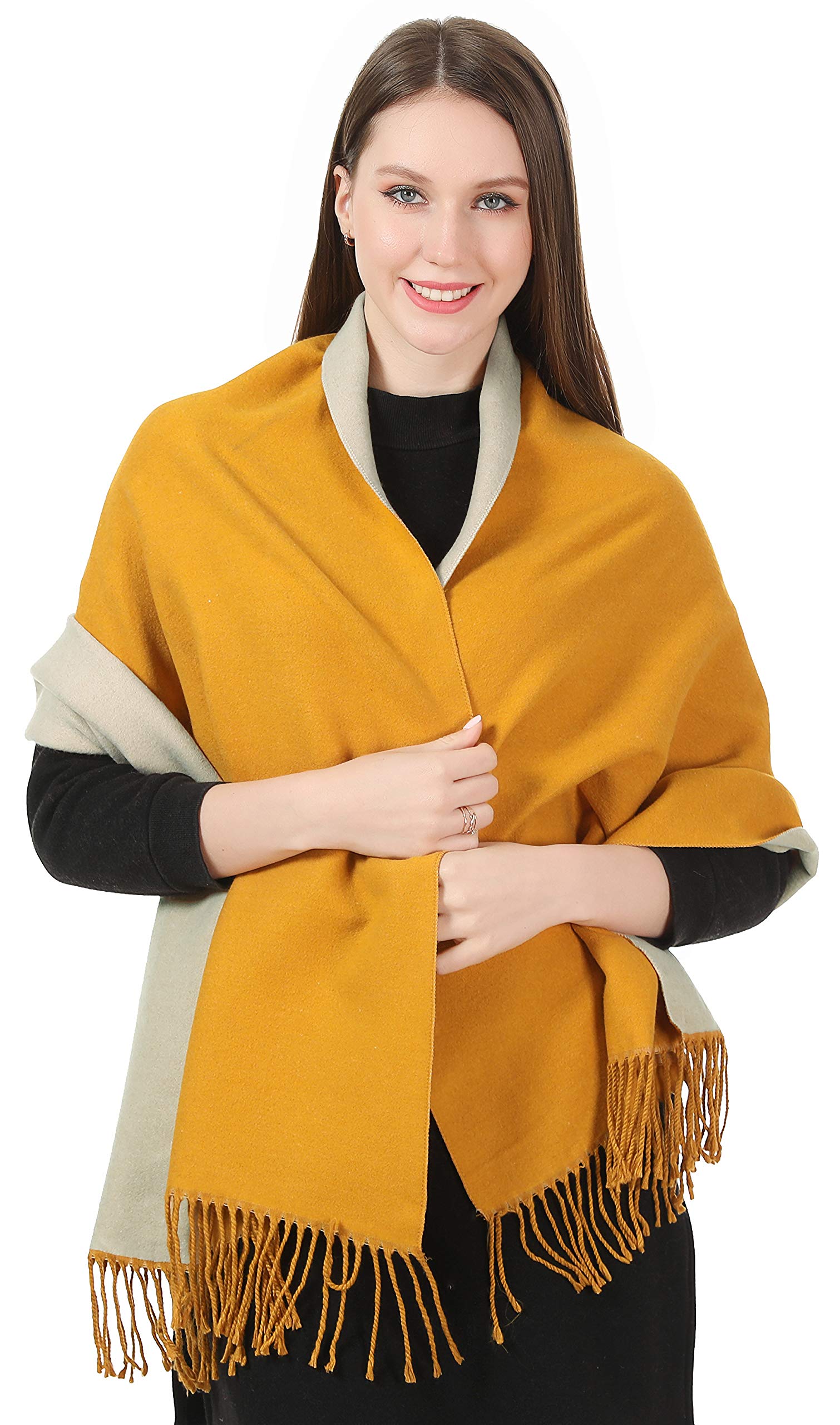 World Of Shawls Women's Mustard And Light Silver Winter Scarf Pashmina Shawl Wrap For Long Large Warm Thick Reversible Blanket Scarves (Mustard And Light Silver)