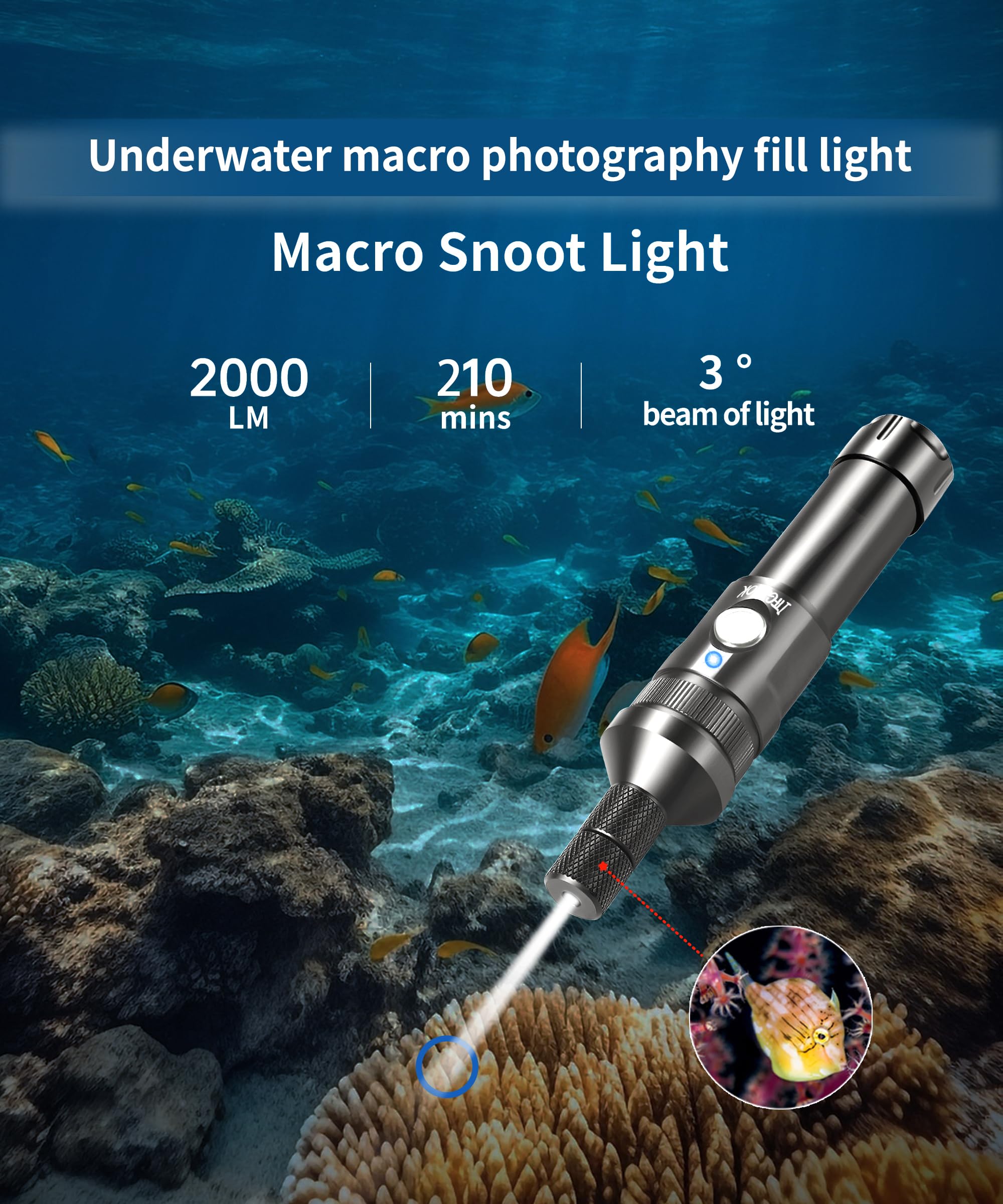 Torcia professionale da 2000 lumen per fotografia subacquea, 3 angoli di fascio regolabili (3°/24°/72°), impermeabile IP68, luce di riempimento foto macro, faretto per immersioni notturne