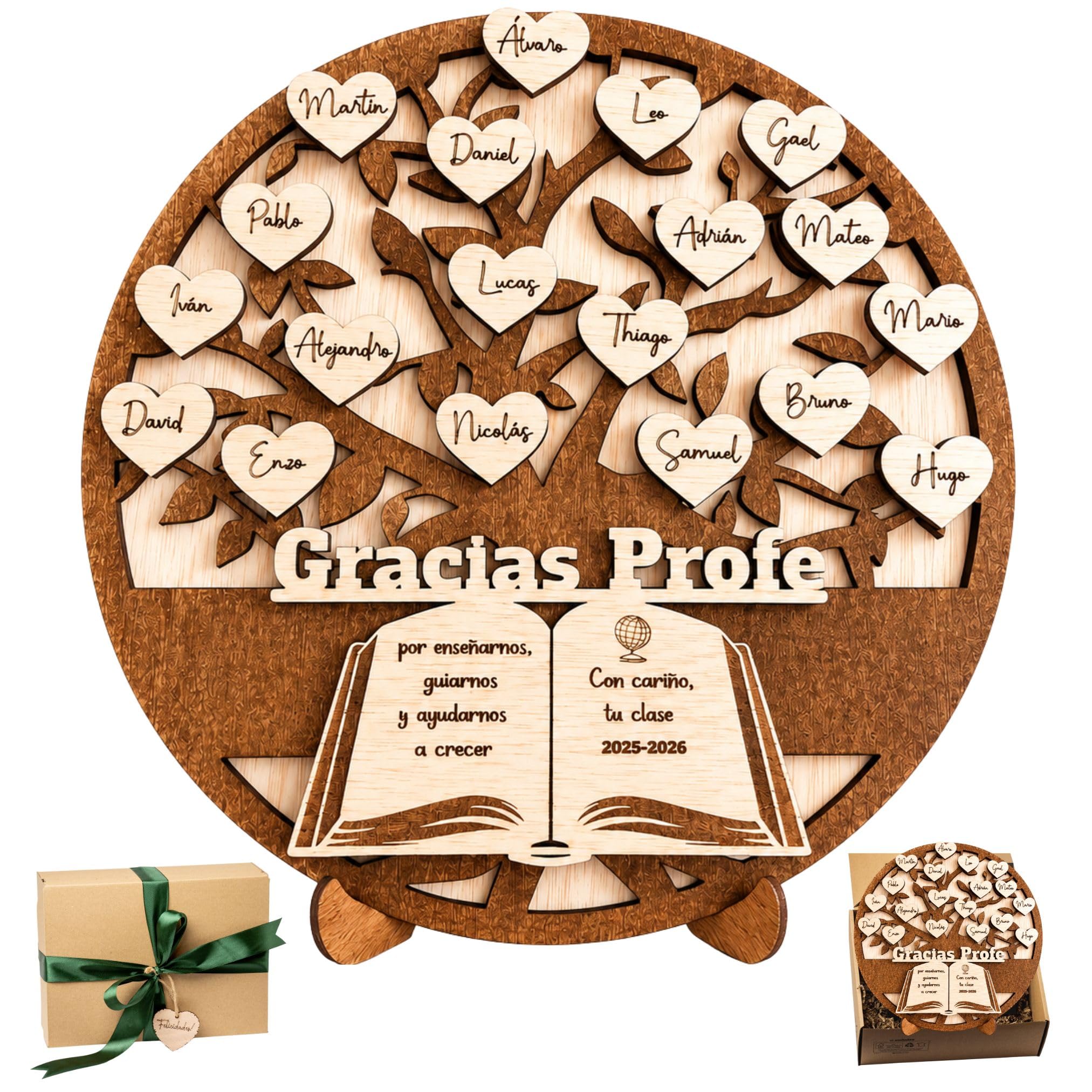 Regalo Profesora Personalizado Árbol Gracias Profe con Nombres de Alumnos | Profesor Fin de Curso|Regalo Profe Original de Madera|Profesores Infantil Primaria Guardería|Olesea (Regalo Profesora)
