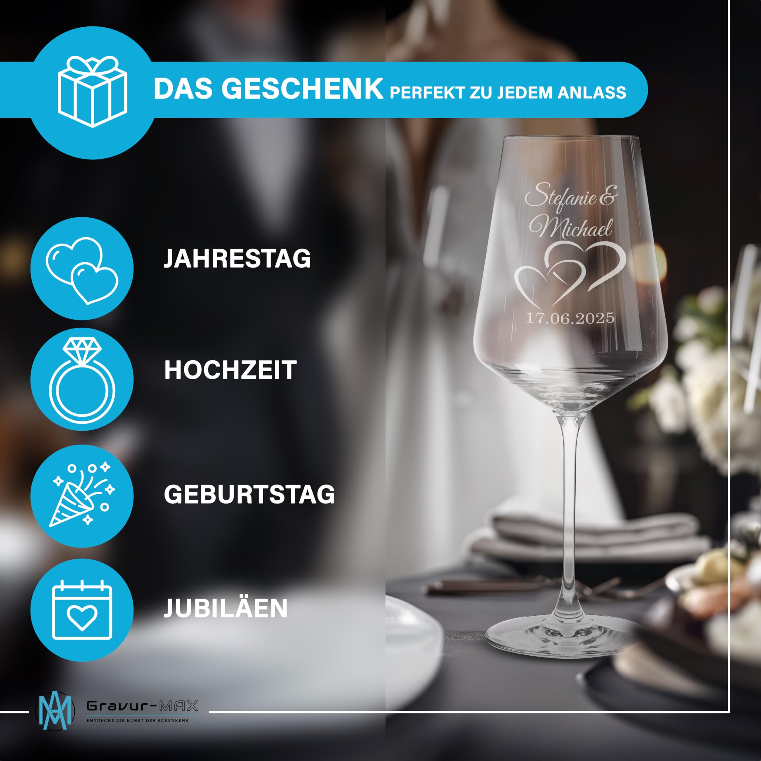 Weinglas 2er Set 560 ml „Nur die Liebe zählt“ - Herz-Glas – Leonardo Puccini Glas mit Lasergravur – personalisierte Weingläser mit Namen & Datum in Holzbox – Geschenk für Paare