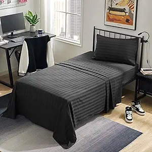 SLEEP ZONE Striped Cooling Twin Sheets Set for Kids - Fitted Flat Sheet & Pillowcase Sets 3 Piece - Super Soft Stripe Bed Sheet, Easy Care, Deep Pocket (Black, Twin)