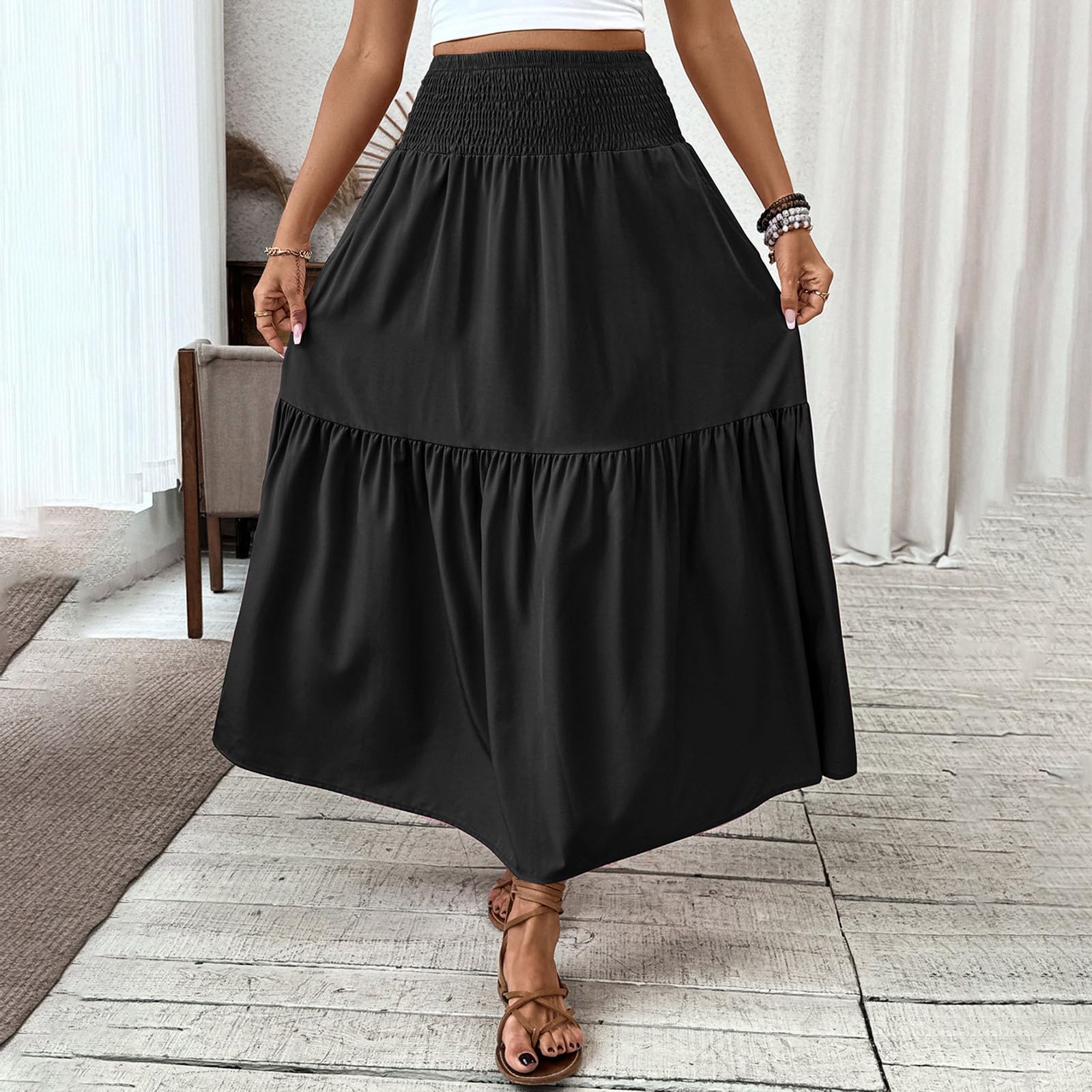 Women’s Tiered Long Skirt Dress Summer Elastic High Waist Pleated A-Line Maxi Skirts Boho Flowy Swing Beach Skirt Black