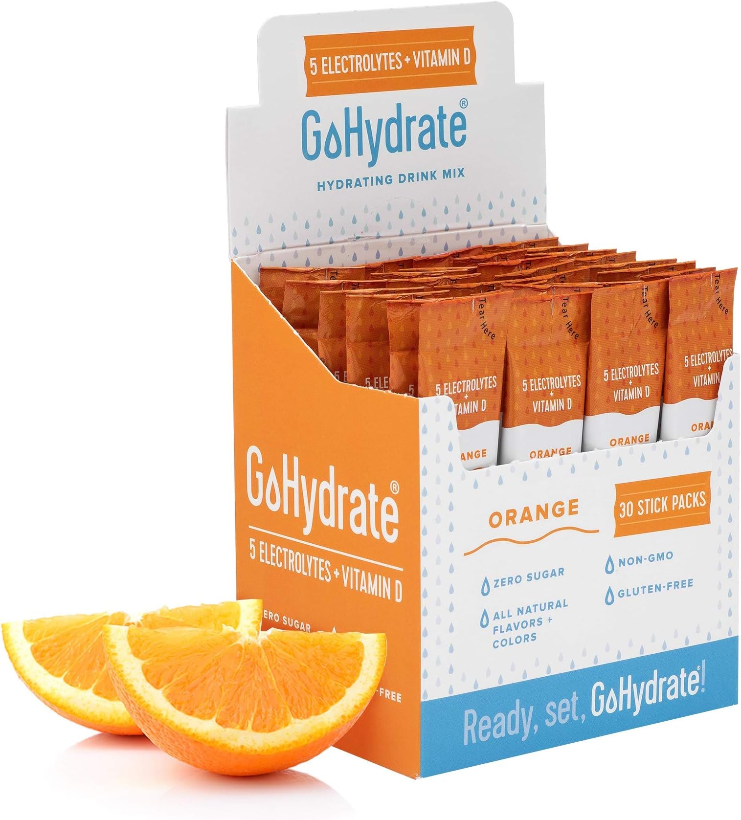 GoHydrate Electrolyte Hydration Drink Mix - A Naturally Flavored, Sugar Free, Maximum & Instant Hydration Powder (Orange, 30 Stick Packs)