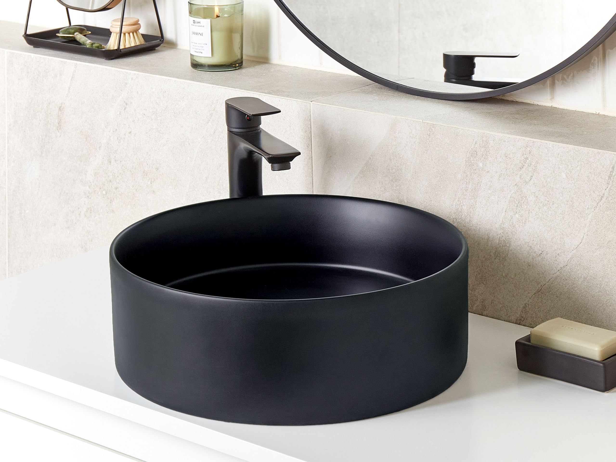 Umywalka łazienkowa nablatowa ceramiczna połyskująca okrągła 40 cm czarna Tebar