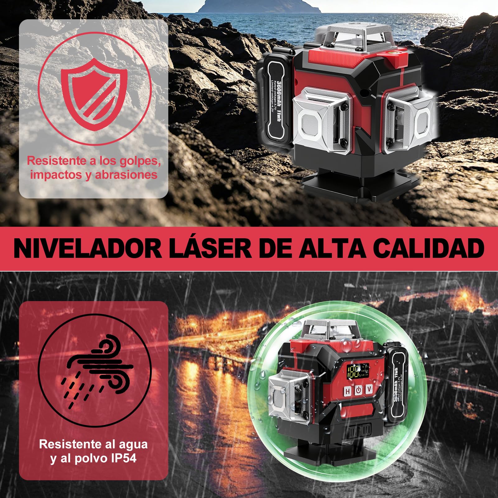 Nivel Laser Autonivelante 360 Grados, 4D 16 Líneas Nivel Laser Verde con Trípode, Digital Niveles LáSer con 3600 mAh x 3 baterías Recargables para Interiores, Obras