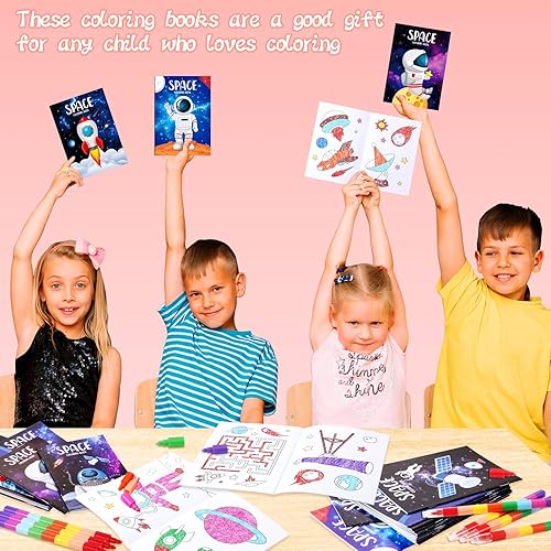 Miniatura 7 de BenLouis 24 mini libros para colorear del espacio exterior para niños con 24 crayones apilables, regalos de fiesta de astronautas, libros de