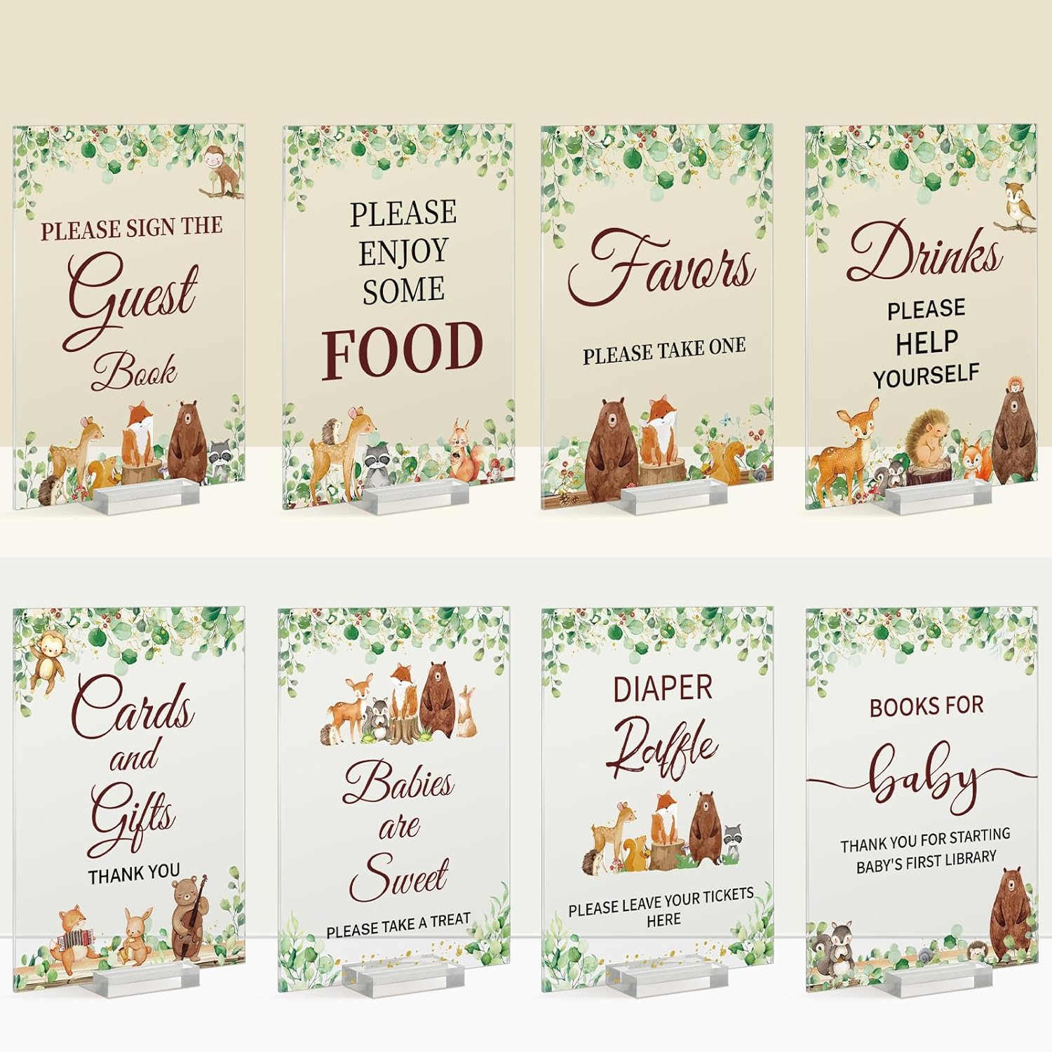 Yousoontic 8 Pcs Woodland Table Signs for Baby Shower Decorations Baby Shower Table Decorations Thank You Acrylic Sign Centerpieces with Stand 5 x 7" for Party Decor