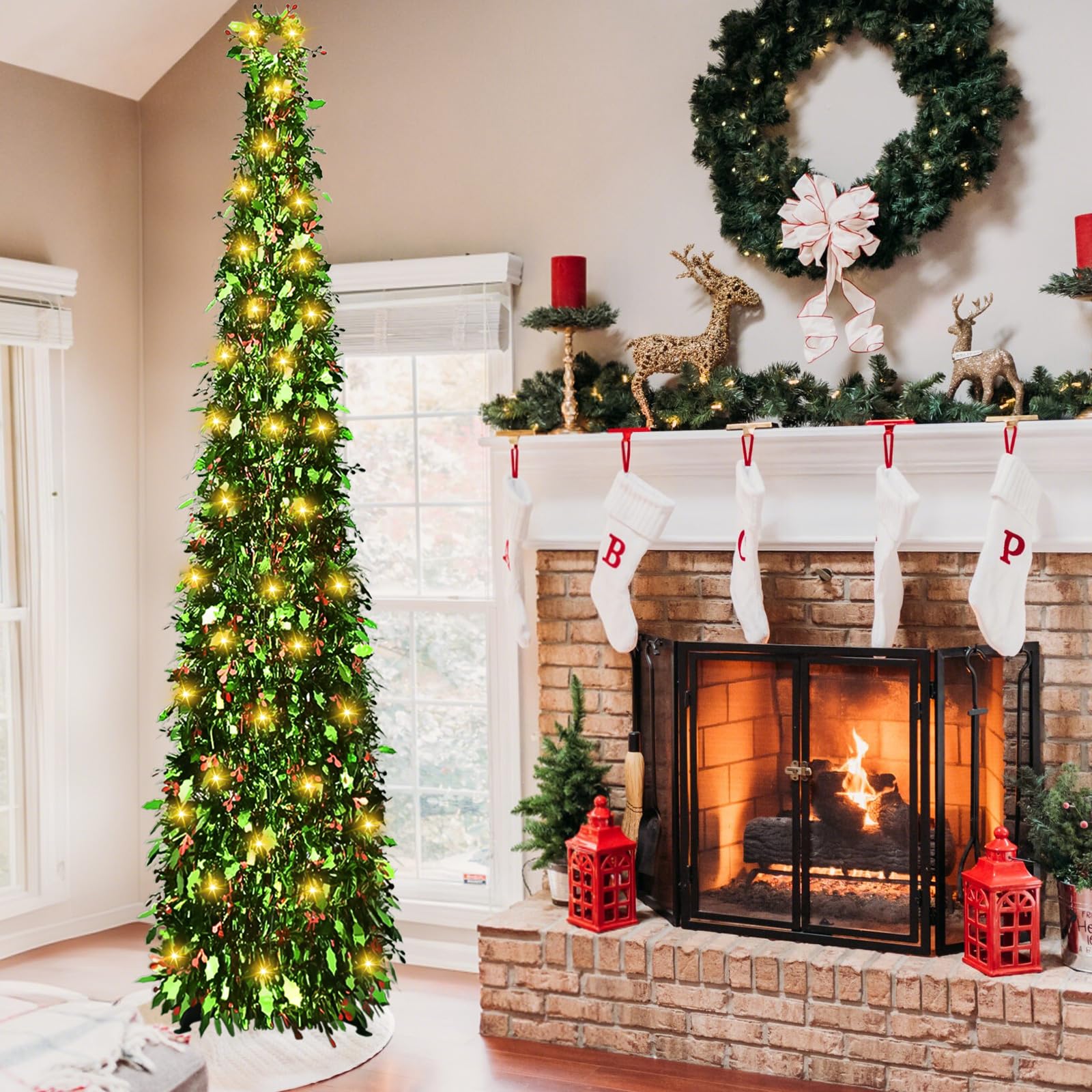 Árbol de Navidad Artificial y Plegable de 150 Cm, Arbol de Navidad Plegable con Una Guirnalda de Luces Cálidas de 5 Metros de Largo, Christmas Tree Verde, Navidad Decoración (E)