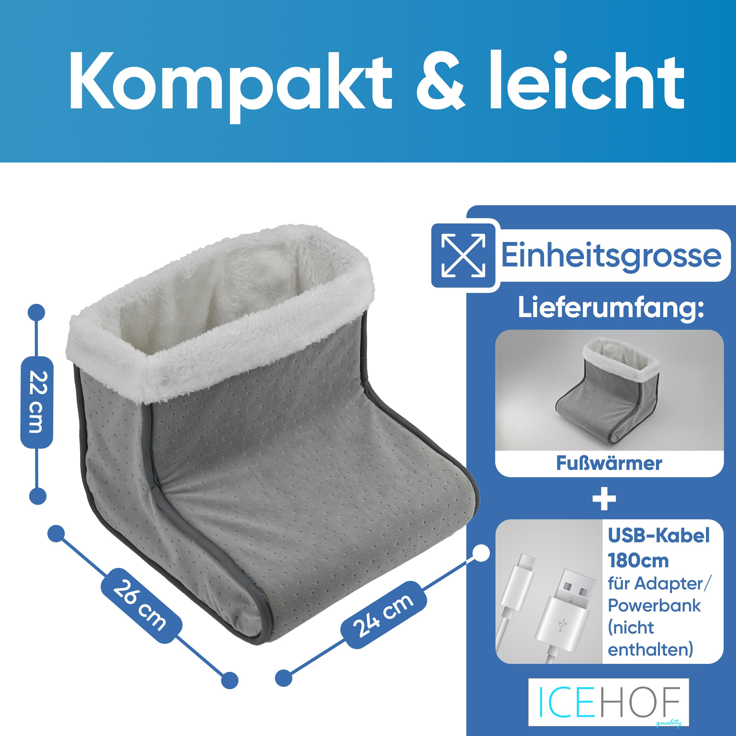 ICEHOF Fußwärmer elektrisch mit USB - 3 Heizstufen & Auto-Off - Kuschelweiches, waschbares Innenfutter - Fußheizung für Büro, Sofa & Homeoffice - Gegen kalte Füße, Damen & Herren
