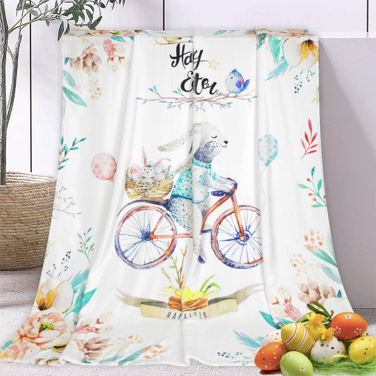 Happy Easter Bunny Throw Blanket, Spring Floral Bed Blanket Oversized, Easter Rabbit Riding Bicycle Soft Flannel Blanket Throw, Cozy Blanket for Couch Bedding Sofa Bedroom, Easter Decor 50 x 60 inch