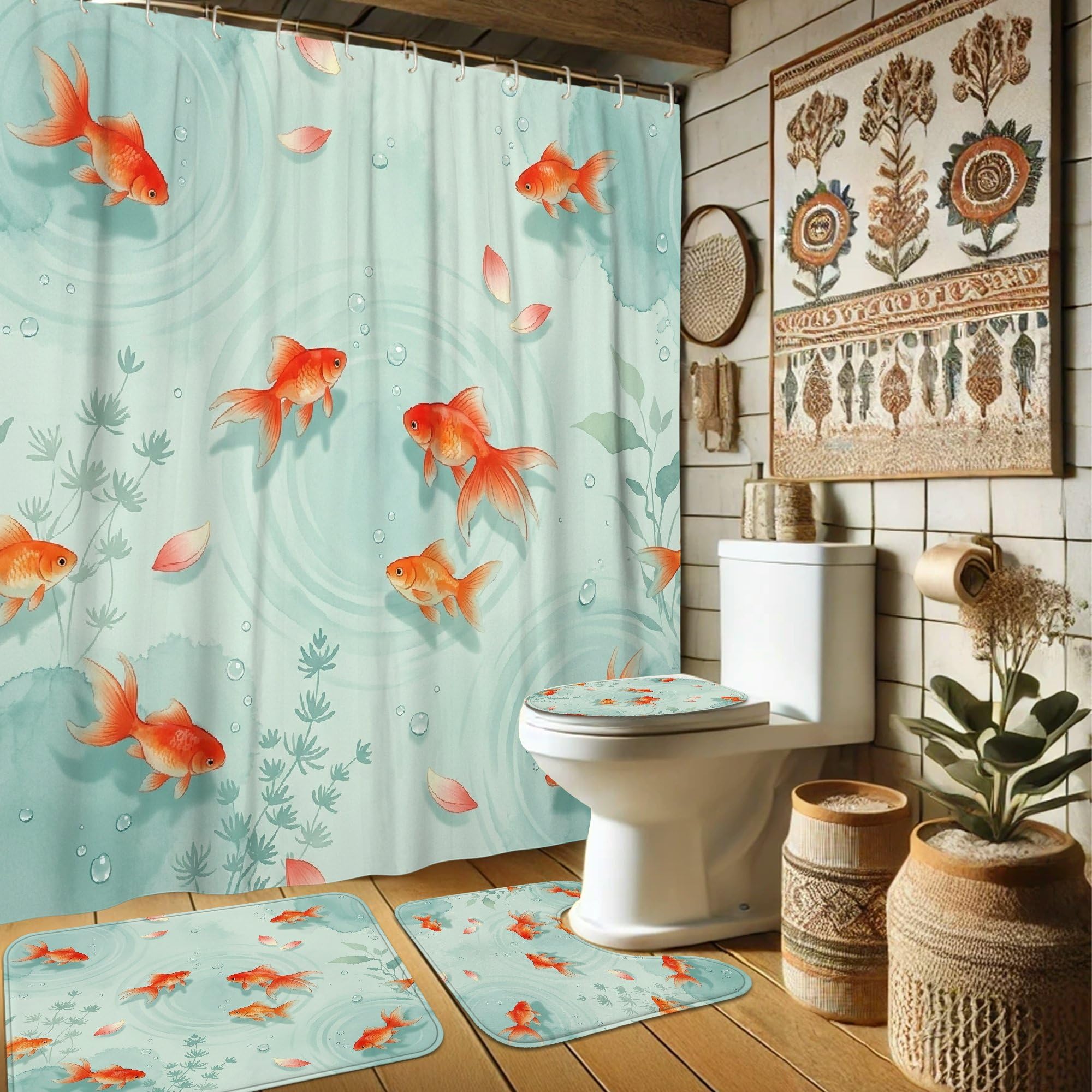Ensemble rideau de douche et tapis feuilles d'eau polyester imperméable bain maison 183 cm