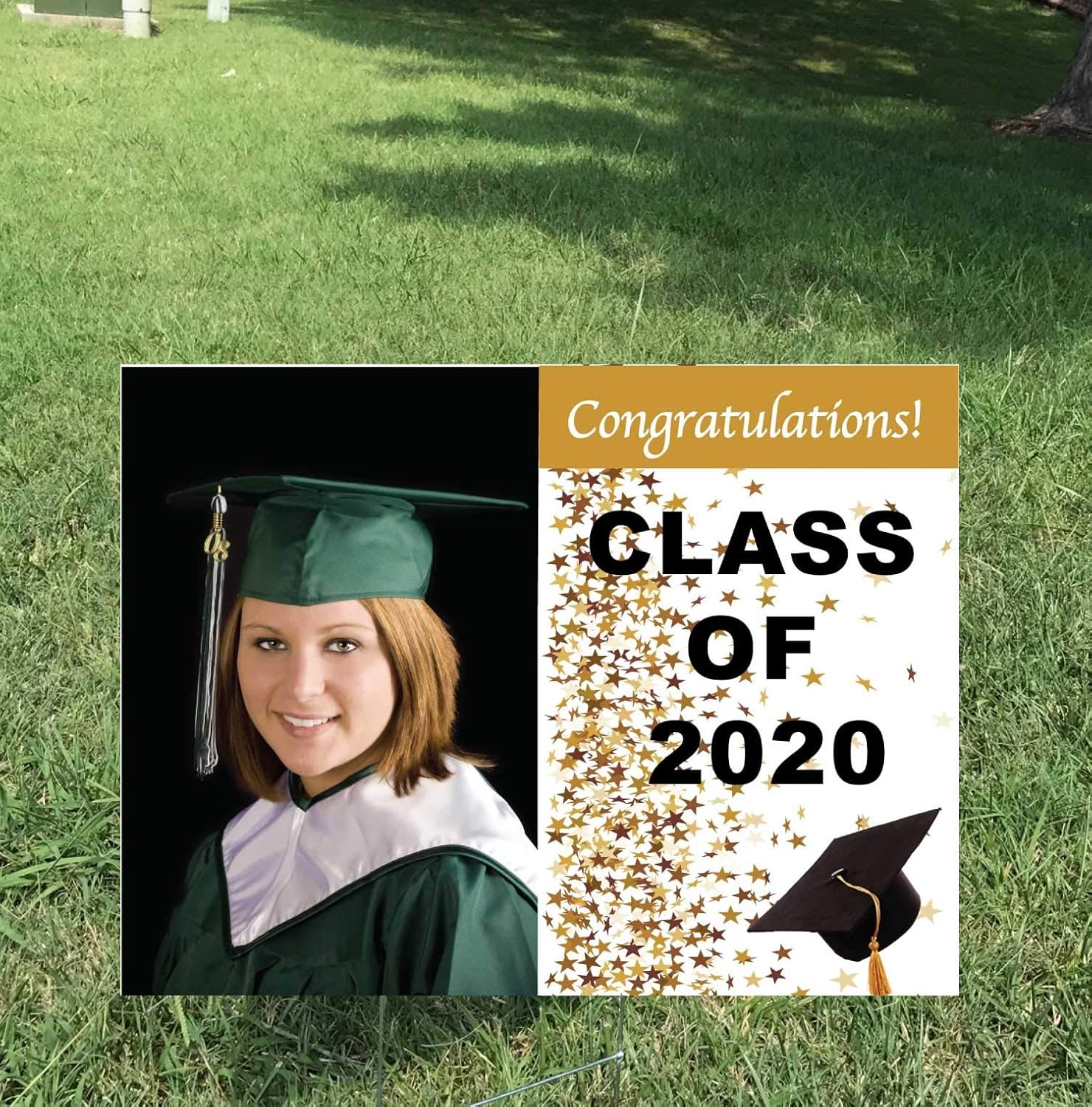 Memory Cross Photo Yard Sign for Graduation 2020, Printed Two Sides on 4 mil coroplast. Size: 24" x 18" with Metal Stake