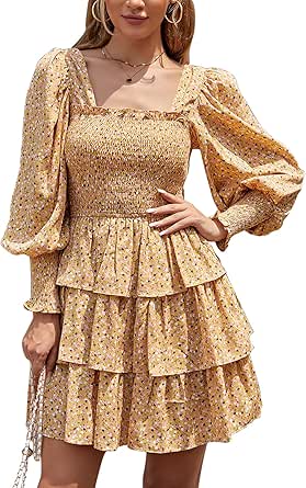 Byinns Women's Square Neck Ruffle Dress Long Sleeve Floral Print Tiered Tie Back Layered Swing Mini Dress