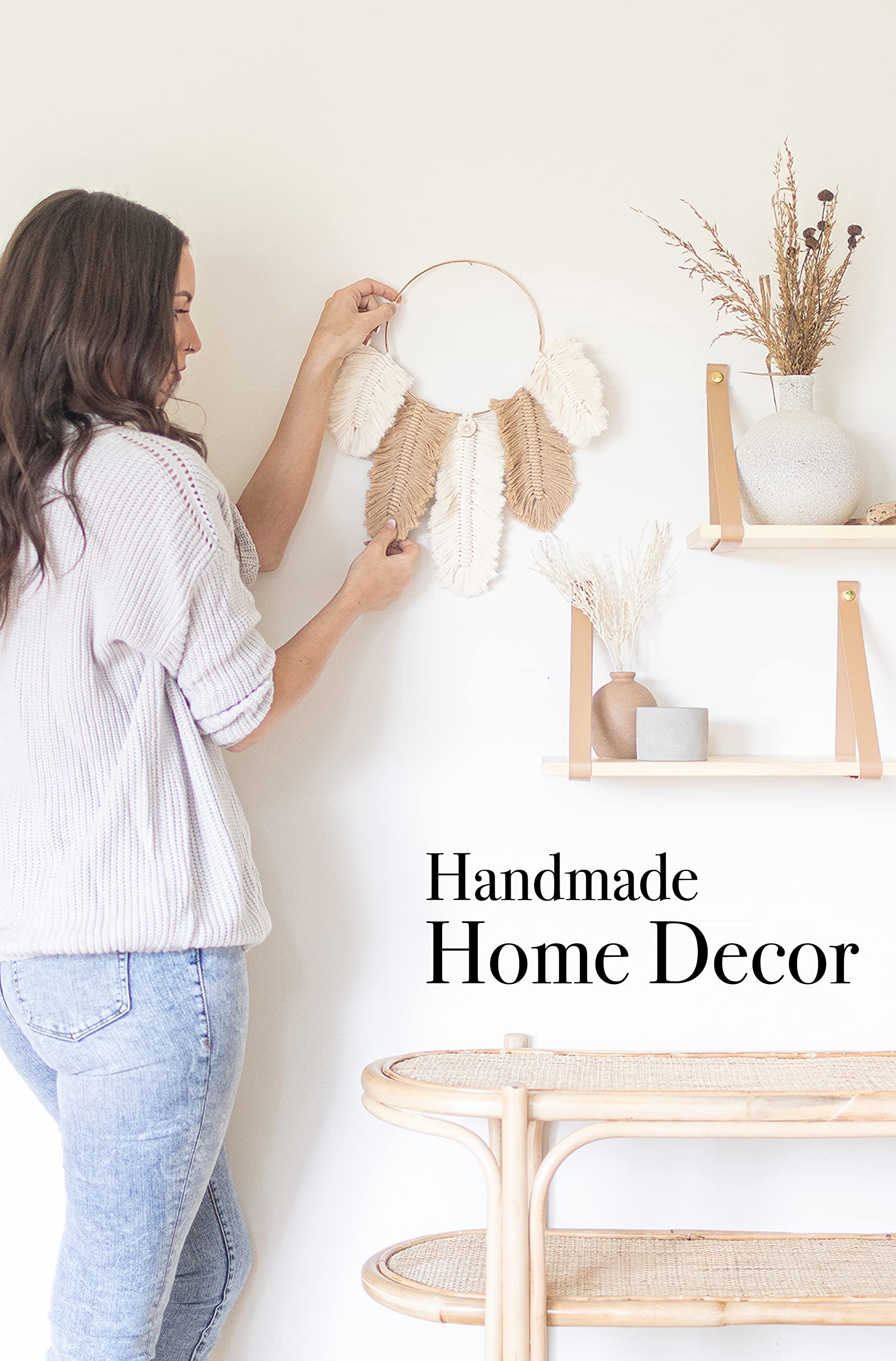 DIY Makramee Kit, Feder Traumfänger Wandbehang Kits für Jugendliche & Erwachsene Anfänger, Bastelbedarf für Boho Kunstprojekt Makramee Schnur, Gold Hoop, Zubehör & Anleitung (Khaki)