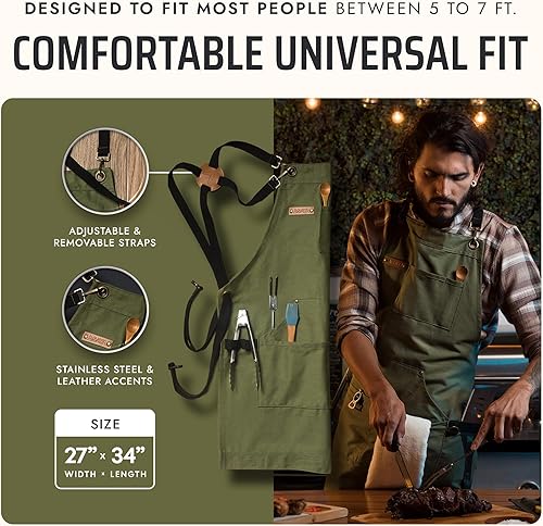 Miniatura 47 de Asaya - Delantal de chef para hombres y mujeres más toalla de mano y abrebotellas, de lona de 10 onzas Rojo,Negro,Azul,Azul-Verde,Borgoña,Verde