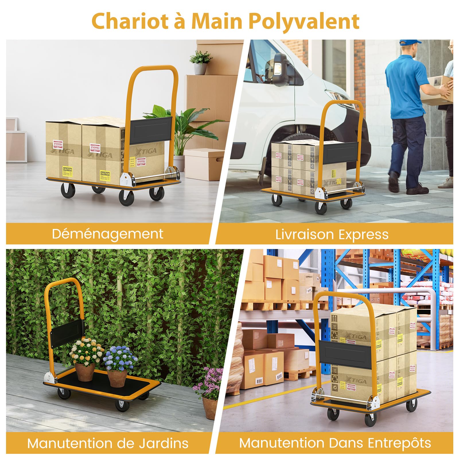 COSTWAY Chariot à Plateforme, Chariot Diable Pliable de Transport, avec 4 Roues Pivotantes Antidérapants, pour Garage Équipement Entrepôt Déménagement Aide au Transport, Charge 150 KG (Noir+Jaune)