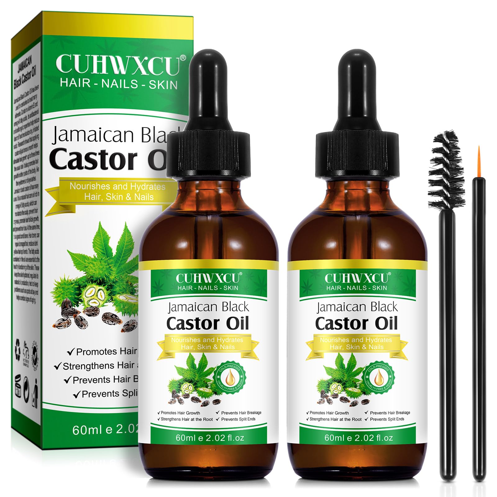 Aceite de Ricino 60ml (2 botellas) - 100% Puro y Natural - Aceite de Ricino Orgánico para el Crecimiento del Cabello Pestañas, Cejas - Cuidado de la Piel y el Cuerpo - Prensado en Frío.