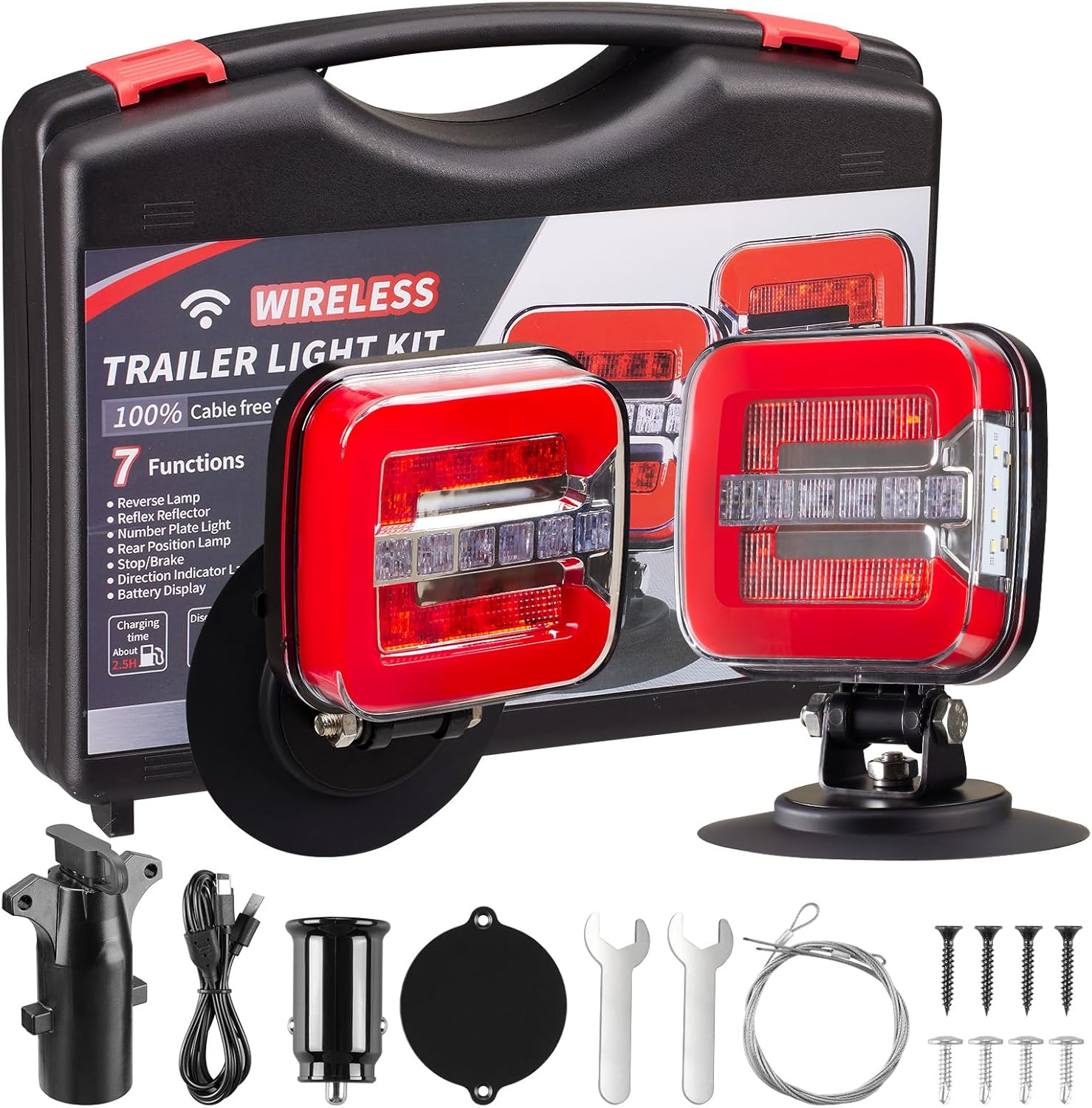 USB-C Wireless Trailer Lights Kit with Reverse, IP67 Waterproof Magnetic LED Tow Light for Towing, Tail, Brake, Turn Signal for Car, Boat, Camper, RV