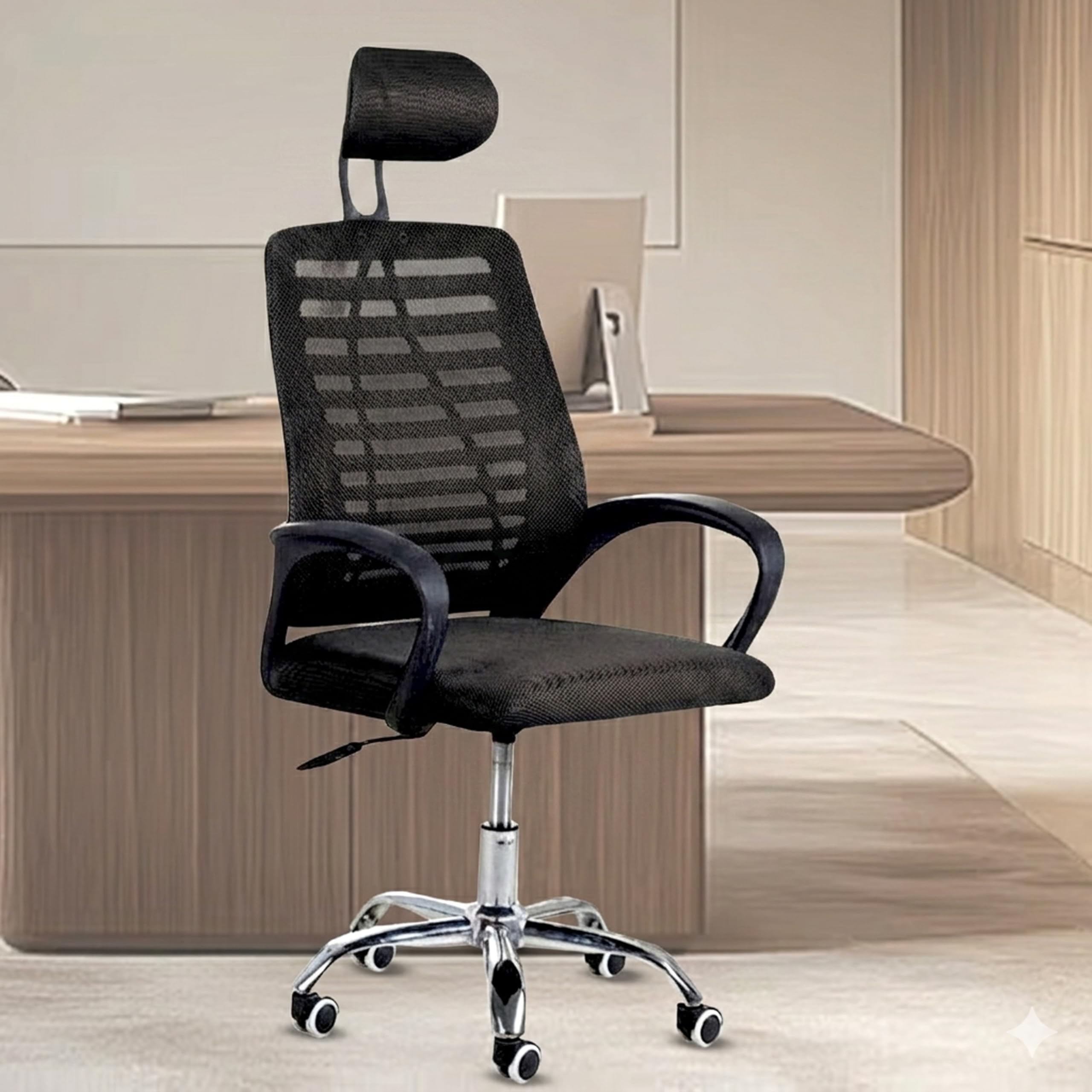 NORMAN JR,Mesh Office Desk Chair,Rocking Ergonomic Computer Chair Adjustable High with Headrest and Comfortable Armrest Swivel - Solid Black & Black Handle