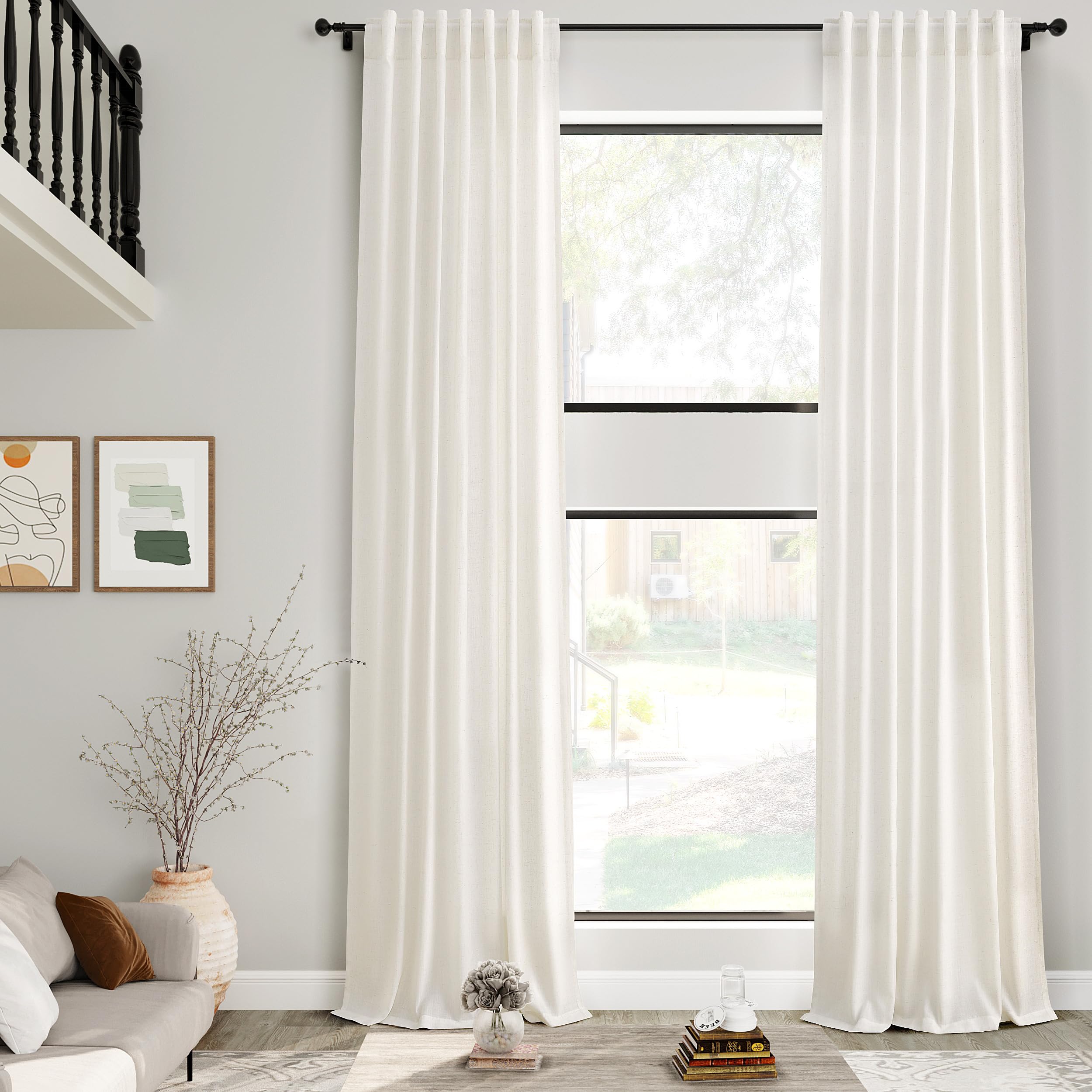 Photo 1 of Cream Linen Curtains 192 Inches Long 2 Panels Set for Living Room Extra Long Back Tab Curtains Neutral Farmhouse Light Filtering Semi Sheer Linen Drapes Ceiling to Floor for Large Window 52x192