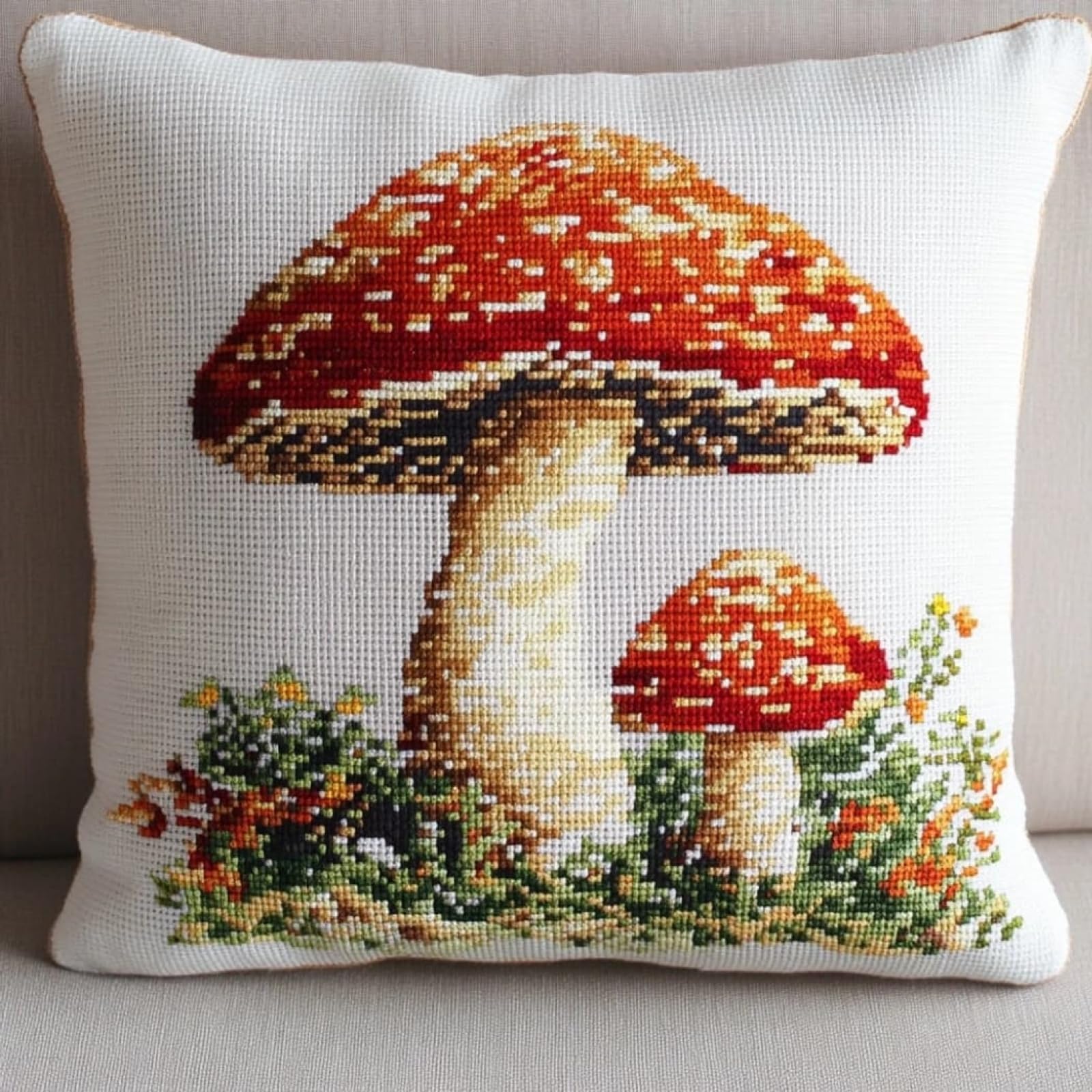 WallustrioaW Cross Stitch Pillow Kits for Adults,Mushroom DIY Cushion Embroidery Kit 45x45cm Needlepoint Handmade Needlework Cushion Kit