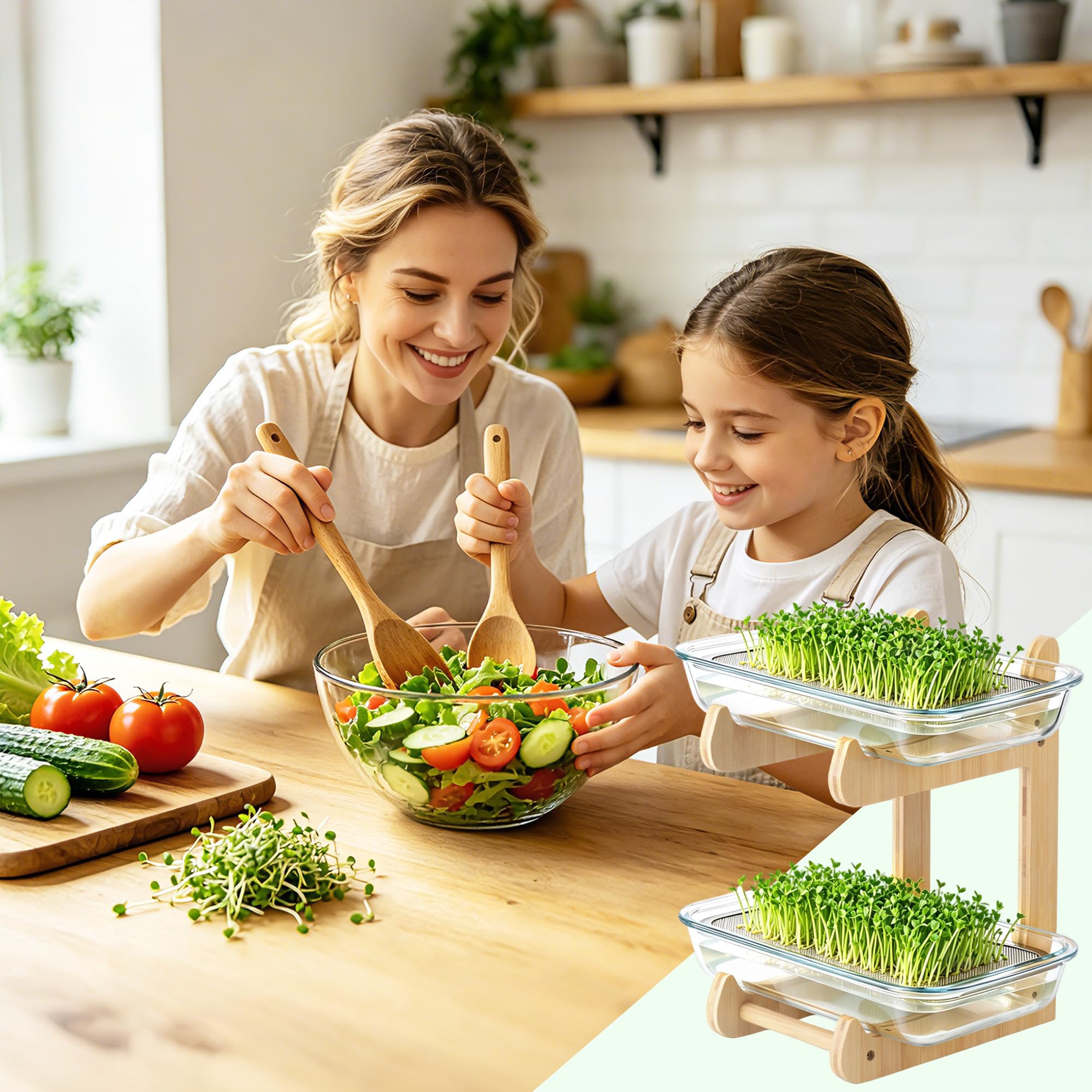 Sprossen Anzuchtset, 2 Böden Microgreens Anzuchtset mit 2 Glas Kresse Anzuchtschalen und Bambusständer, Microgreens Starter Set für Kressesamen, Sprossen, Brunnenkresse