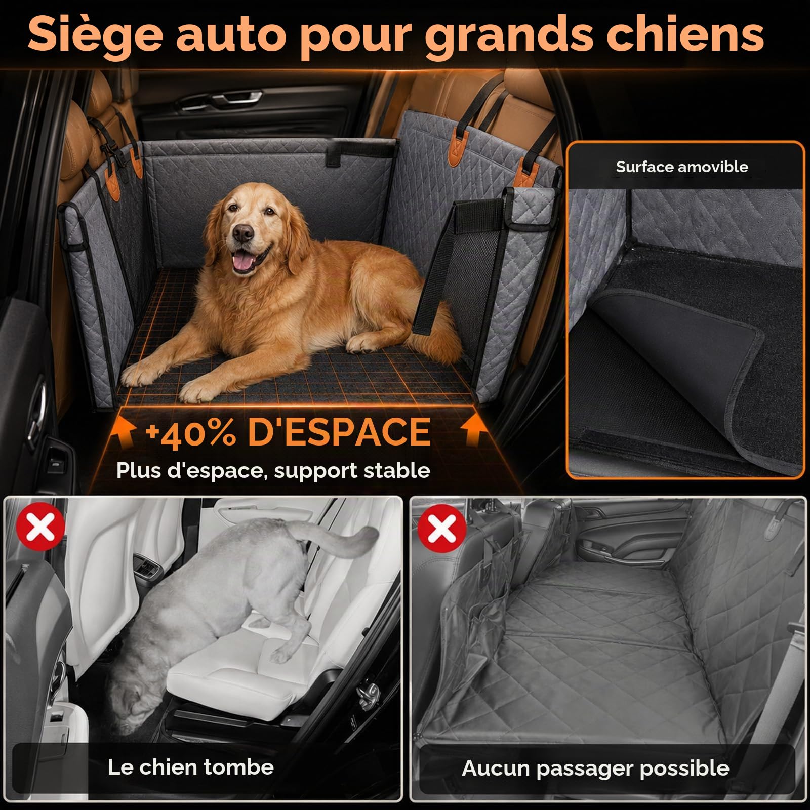 Siège unique renforcé pour chien avec ventilation et espace de rangement, imperméable, antidérapant, avec fenêtre en filet, siège arrière renforcé pour voiture, SUV, pick-up, gris, 56 x 56 x 5 cm