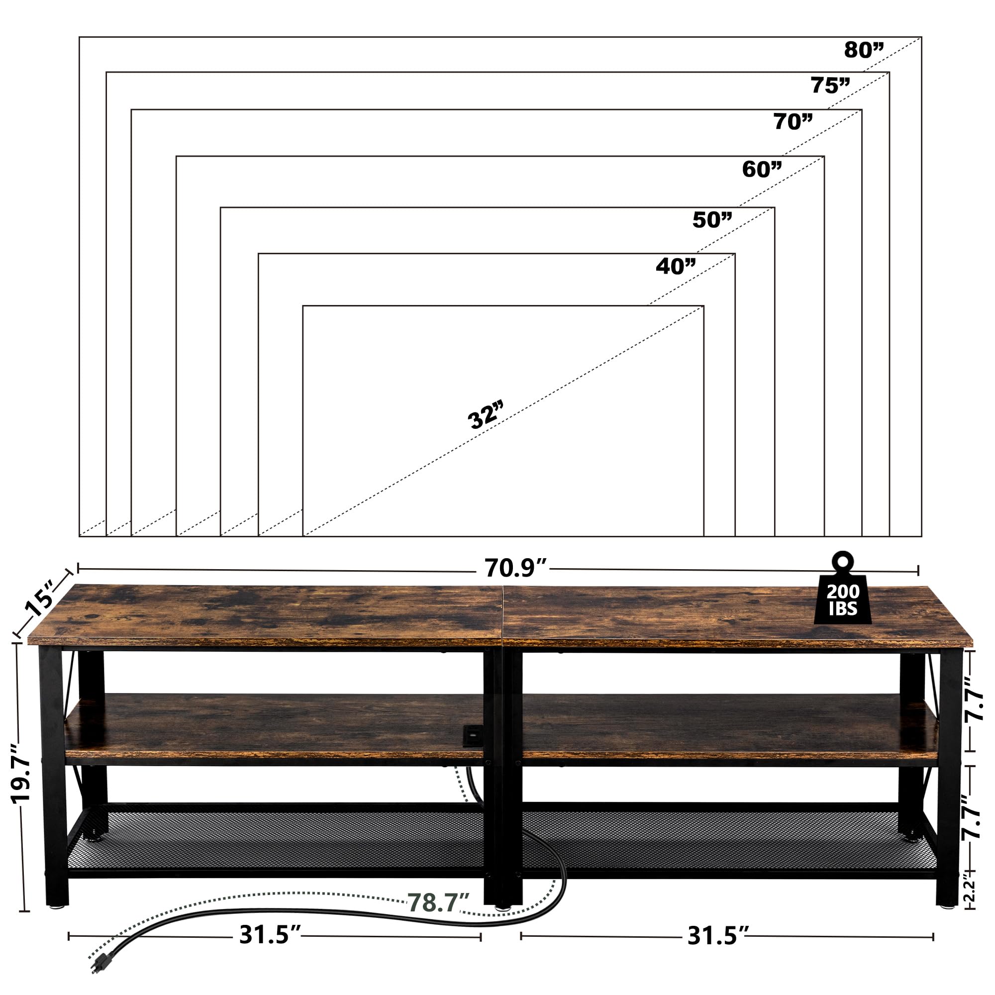 Moderno soporte de TV de metal marrón de 71 pulgadas con luces LED y tomas de corriente para televisores de 50, 60, 65, 70, 75, 80 pulgadas, soportes de televisión de 3 niveles con centro 6