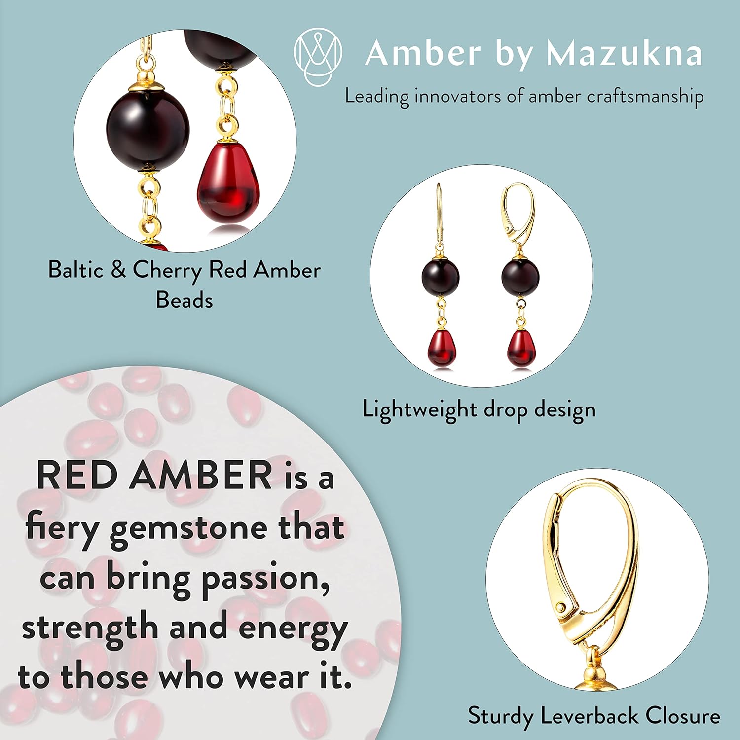 Red Amber Drop Earrings for Women, Yellow Gold Plated Silver Leverback Closure, Cherry Red Dangle Charms, Natural Gemstone Jewelry for Ladies, Length: 1.96in Weight: 0.13oz