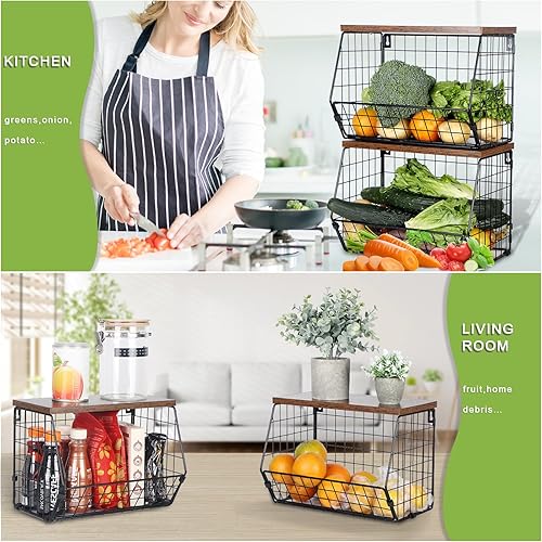 Miniatura 6 de Cesta de frutas de 2 niveles para encimera de cocina, cestas de frutas colgantes para cocina, cesta de pared con ganchos, cestas de alambre