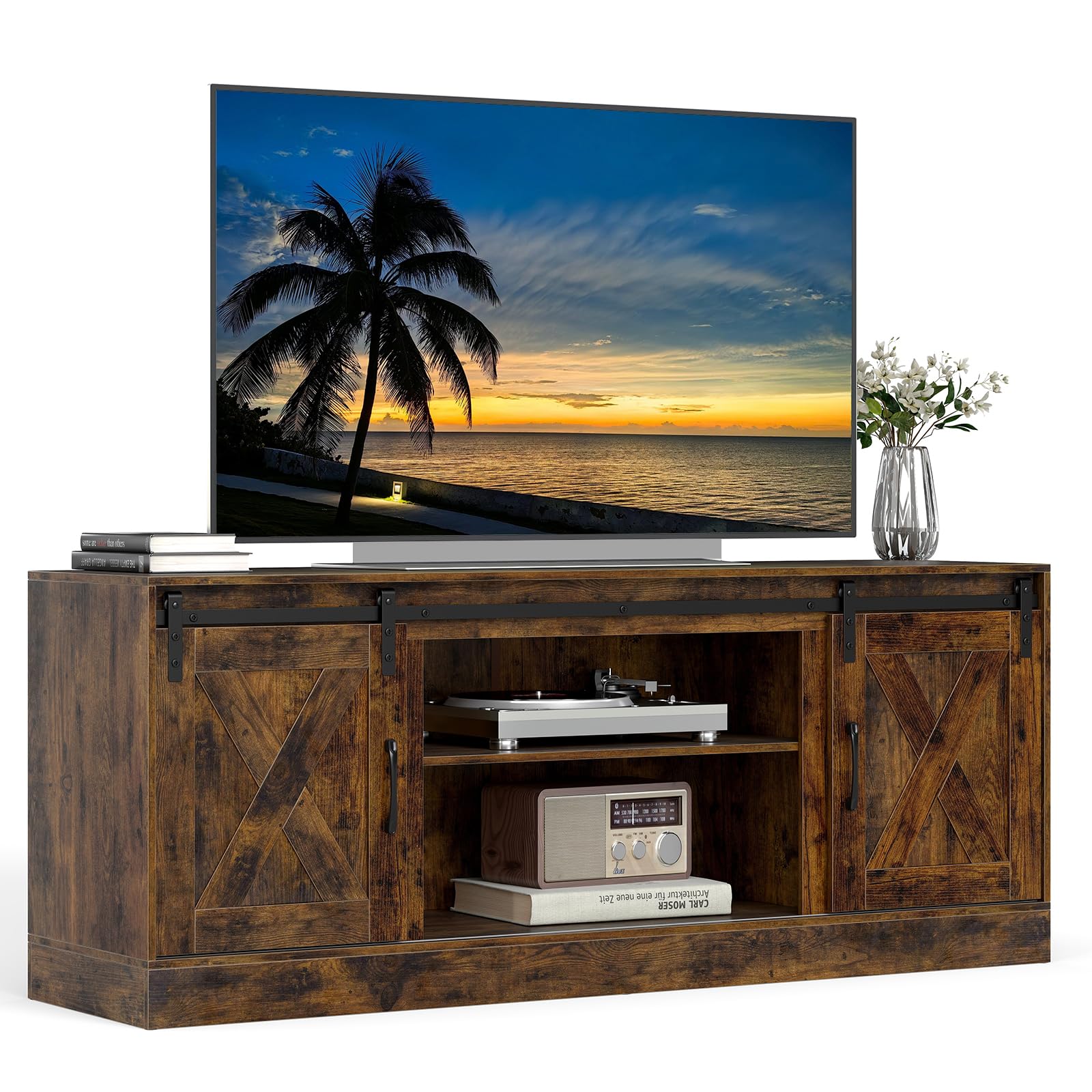 COSTWAY TV Stand Cabinet for 70 Inch TVs, 150cm Farmhouse Media Entertainment Center with Sliding Barn Door and Adjustable Shelves, Wooden TV Unit Console Table for Living Room Bedroom (Rustic Brown)